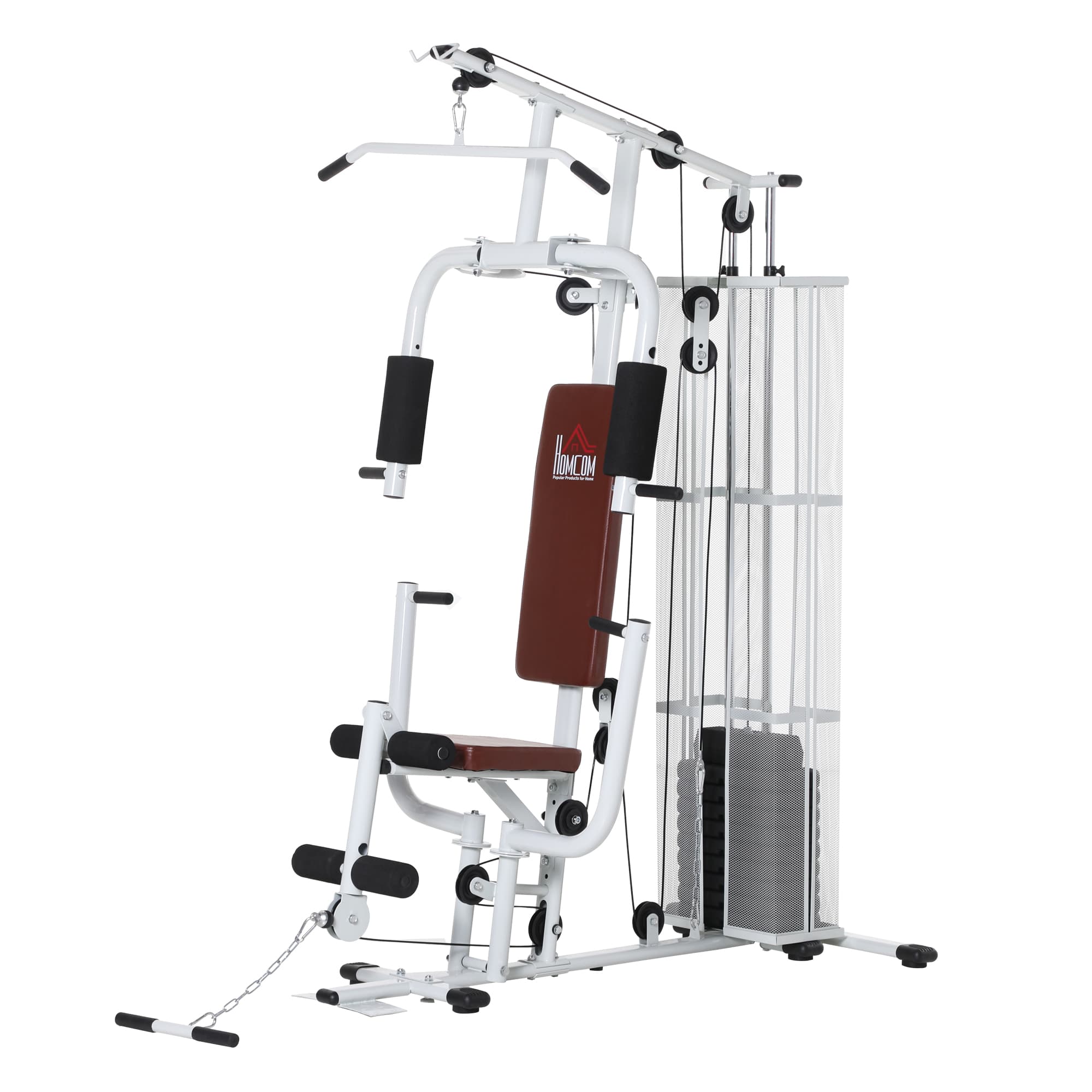 HOMCOM Station de musculation barre latissimus curler bande résistance 10 contrepoids 45 kg avec filet de protection acier blanc et marron