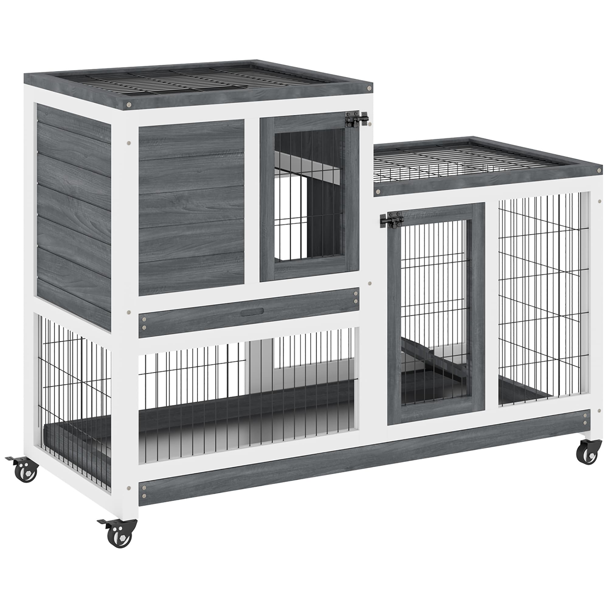 PawHut Clapier Cage à Lapins sur Roulettes 2 Étages 2 Tiroirs à Déjections Amovibles Rampe 110 x 50 x 86 cm Gris Blanc