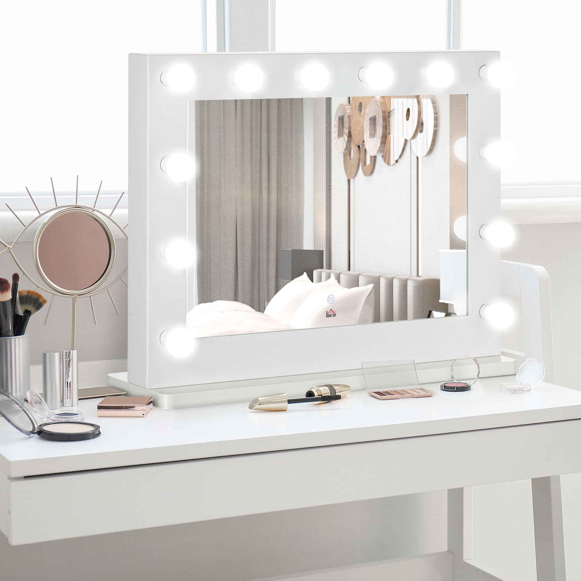 HOMCOM Miroir maquillage Hollywood pour coiffeuse grand miroir lumineux avec 12 ampoules LED luminosité réglable interrupteur tactile blanc