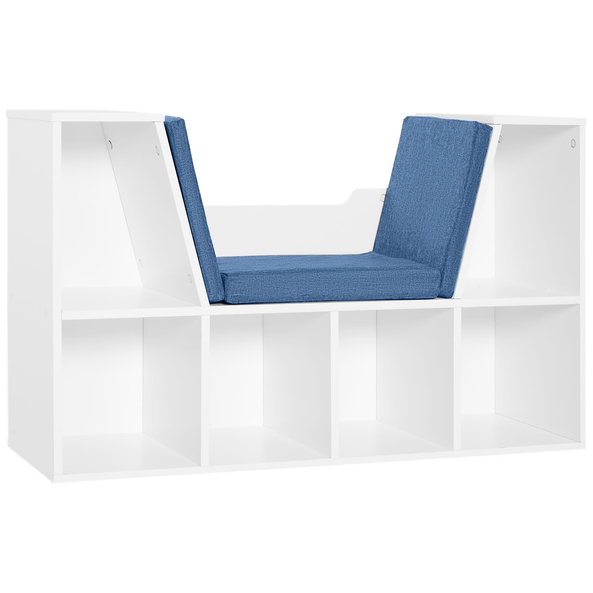 HOMCOM Bibliothèque Banc 2 en 1 Design Contemporain 6 casiers 3 Coussins fournis 102L x 30l x 61H cm Blanc Bleu