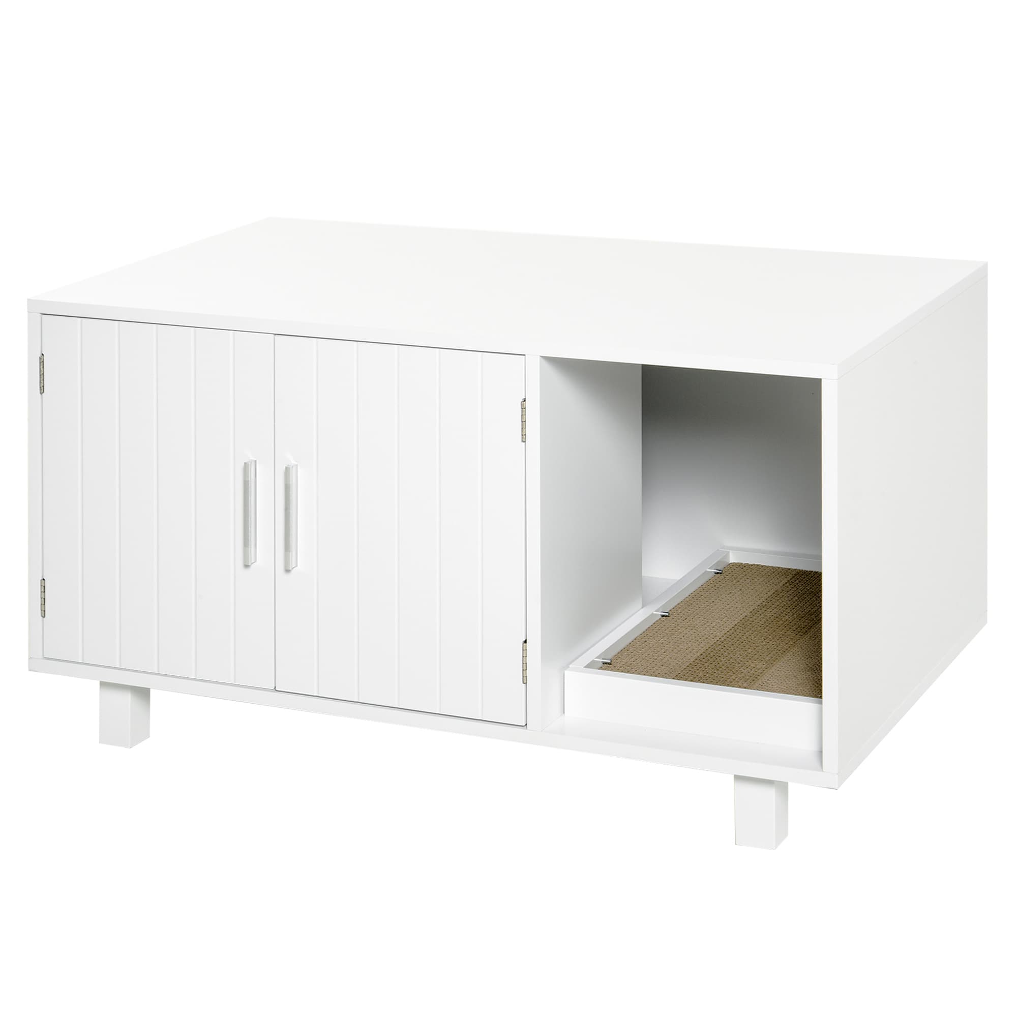 PawHut Maison de toilette pour chat, meuble 2 portes, compartiment griffoir, table d'appoint, 50,5H x 91L x 52l cm, MDF, blanc
