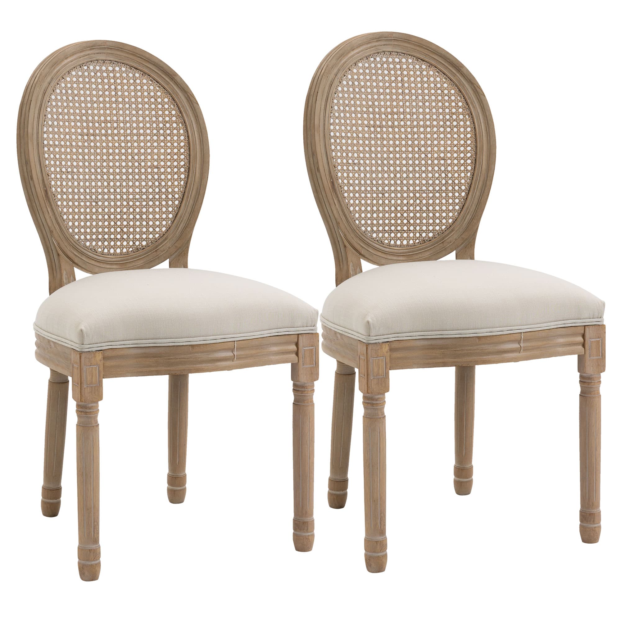 HOMCOM Lot de 2 chaises salle à mange beige Chaises bois sculpté médaillon vintage Style Louis XVI patiné Dossier cannage Aspect Lin Aosom France