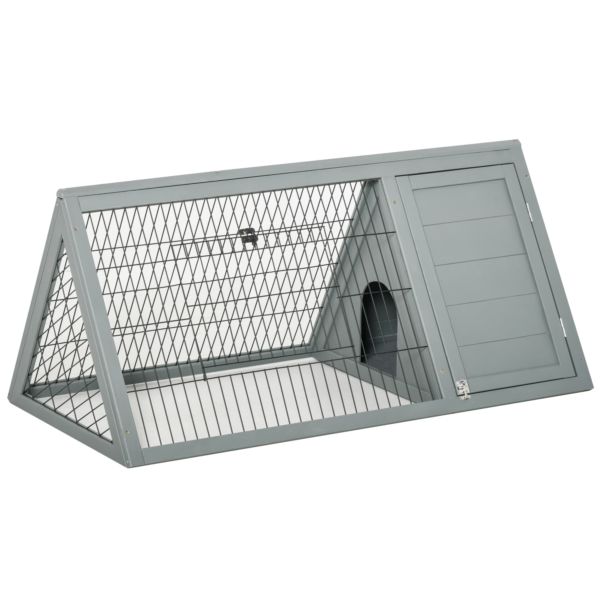 PawHut Clapier triangulaire de sol enclos extérieur niche double porte convient aux lapins poules tortue terrestre dim. 116L x 62,2l x 52,5H cm gris