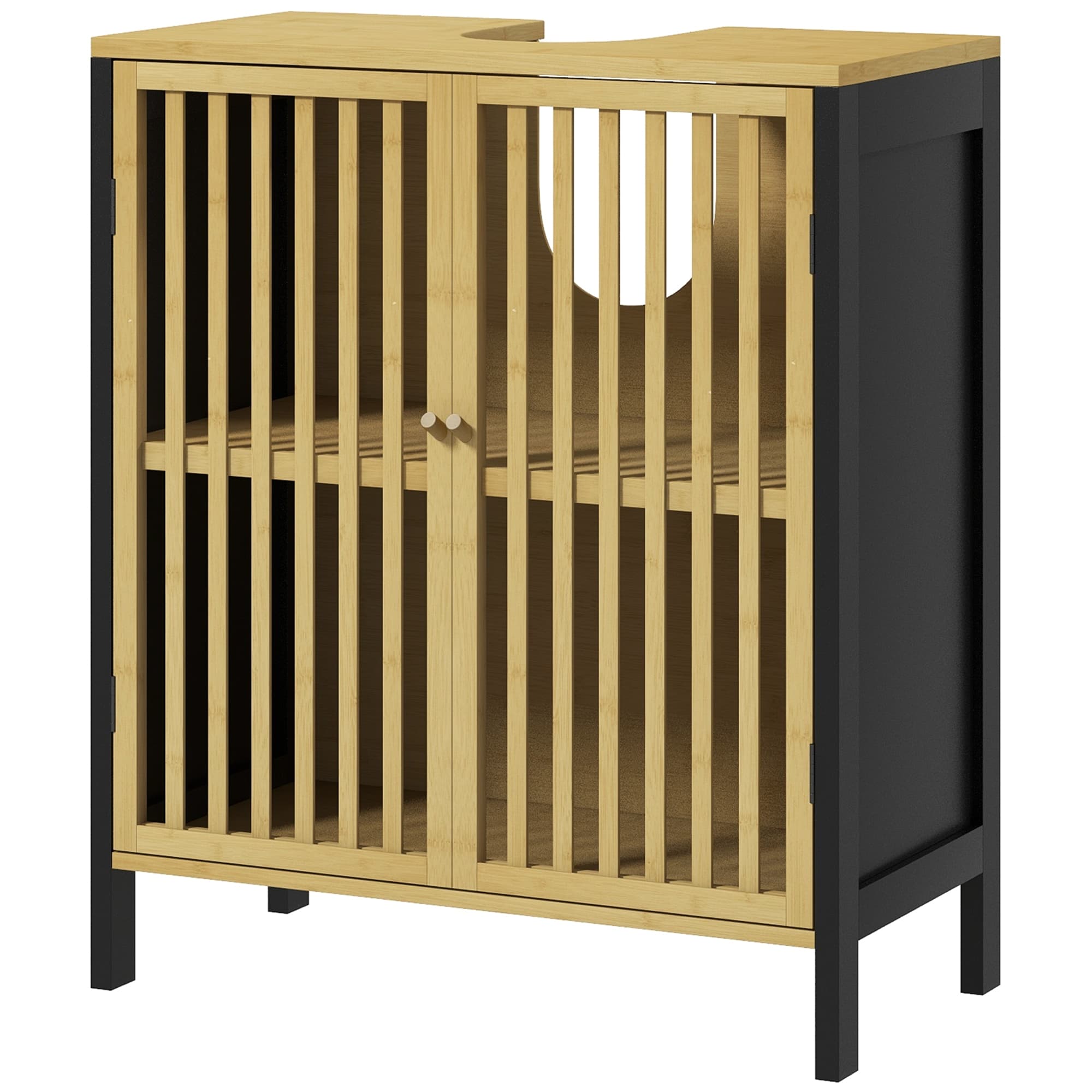 HOMCOM Meuble sous vasque 2 portes avec étagère réglable armoire de rangement pour lavabo 60 x 30 x 70 cm MDF et bambou
