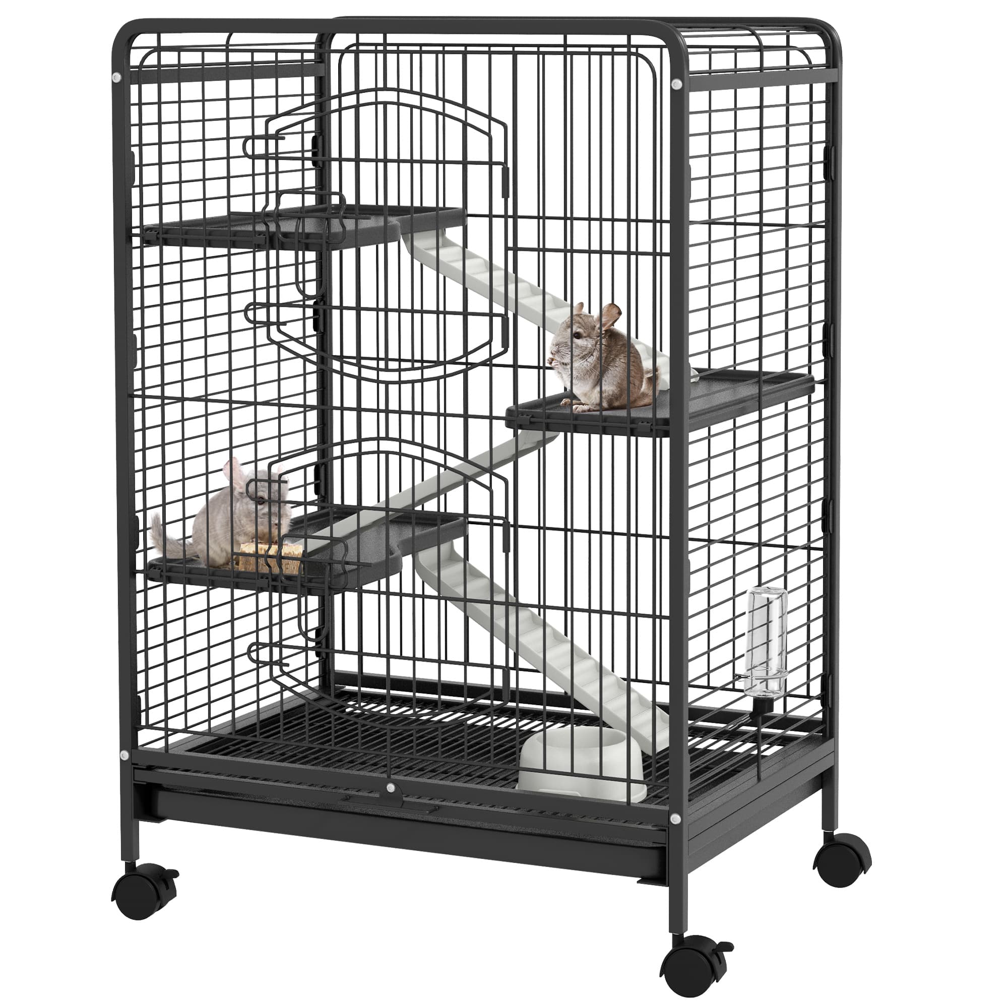 PawHut Cage pour Petits Animaux Roulante 3 Rampes 3 Plates-formes Plat et Bouteille d'Eau Bac Inférieur Amovible Acier PP Noire