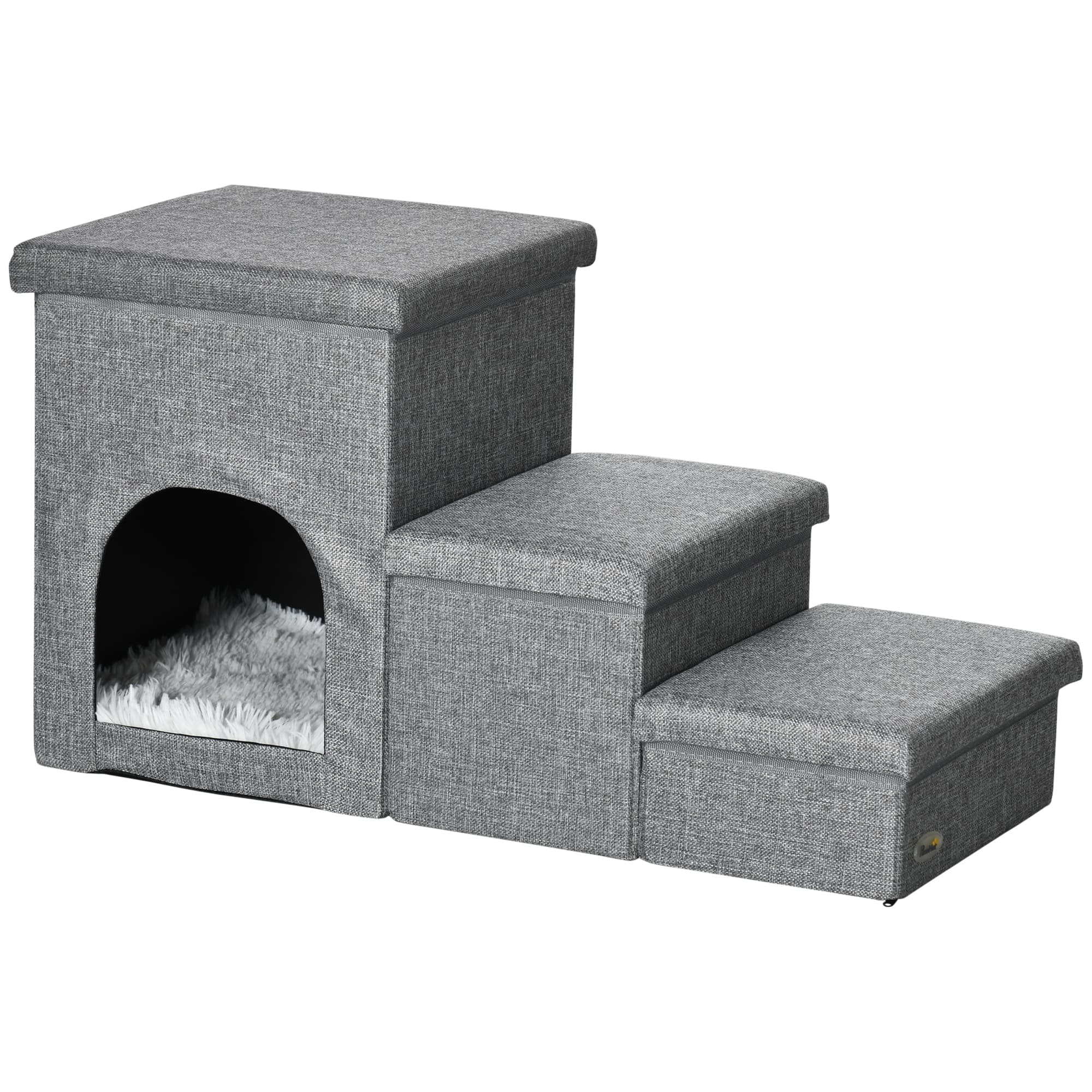 PawHut Escalier pour chien à 3 marches échelle pour animaux de compagnie avec rangement intégré et niche 3 en 1 gris