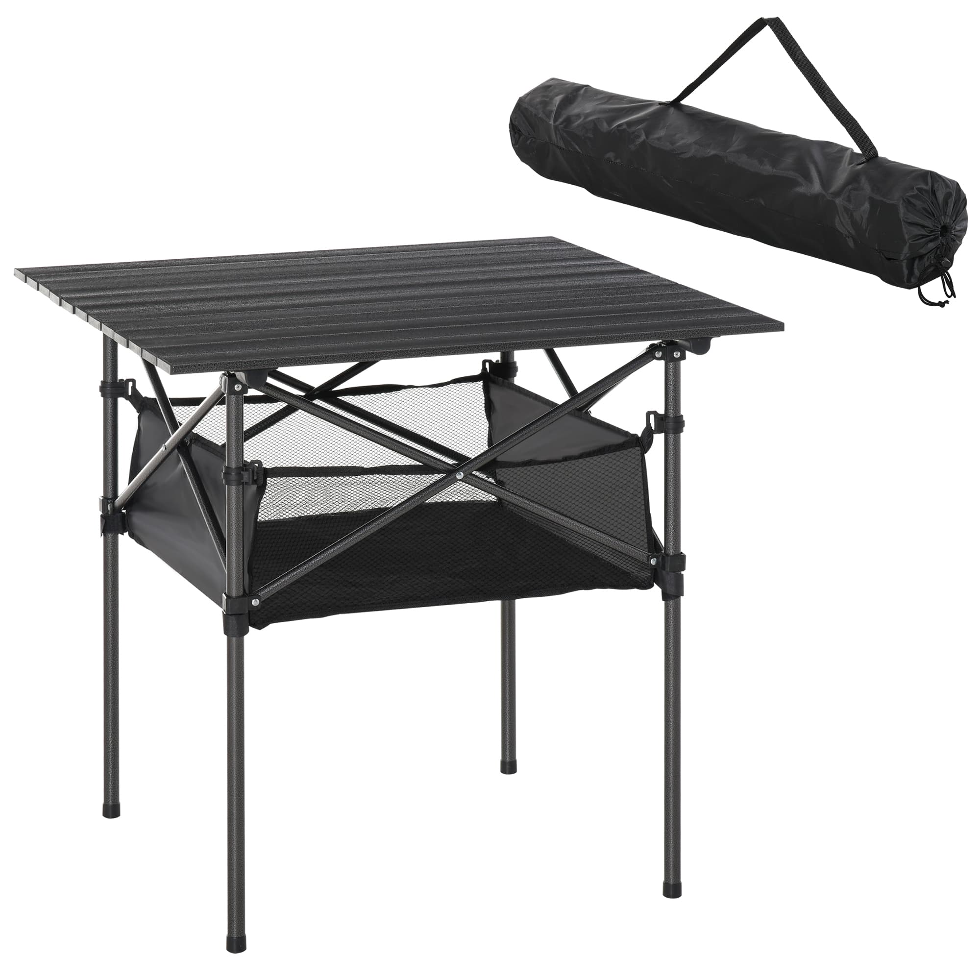 Outsunny Table pliante table de camping table de jardin filet rangement + sac transport plateau alu. châssis métal époxy noir