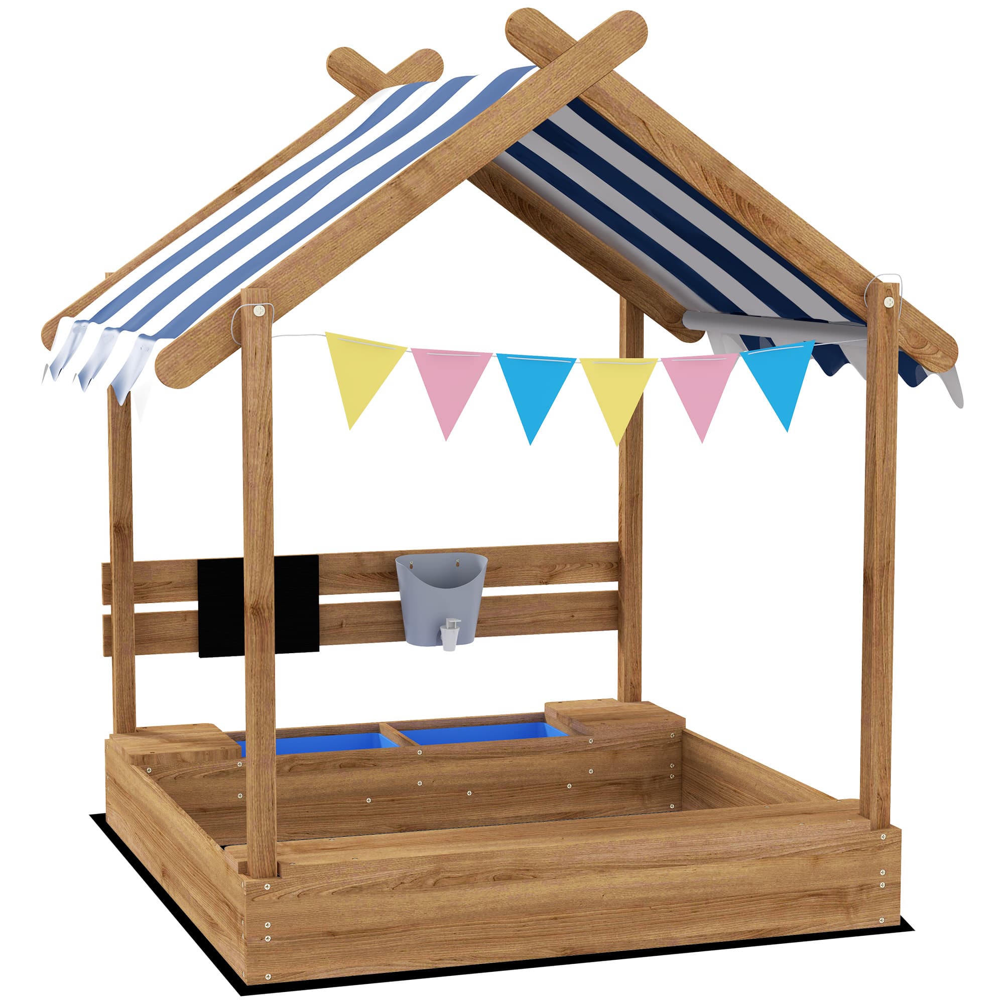 Outsunny Bac à sable bois forme de maison pour enfant avec auvent 2 bacs évier tableau 124 x 116 x 146 cm noir