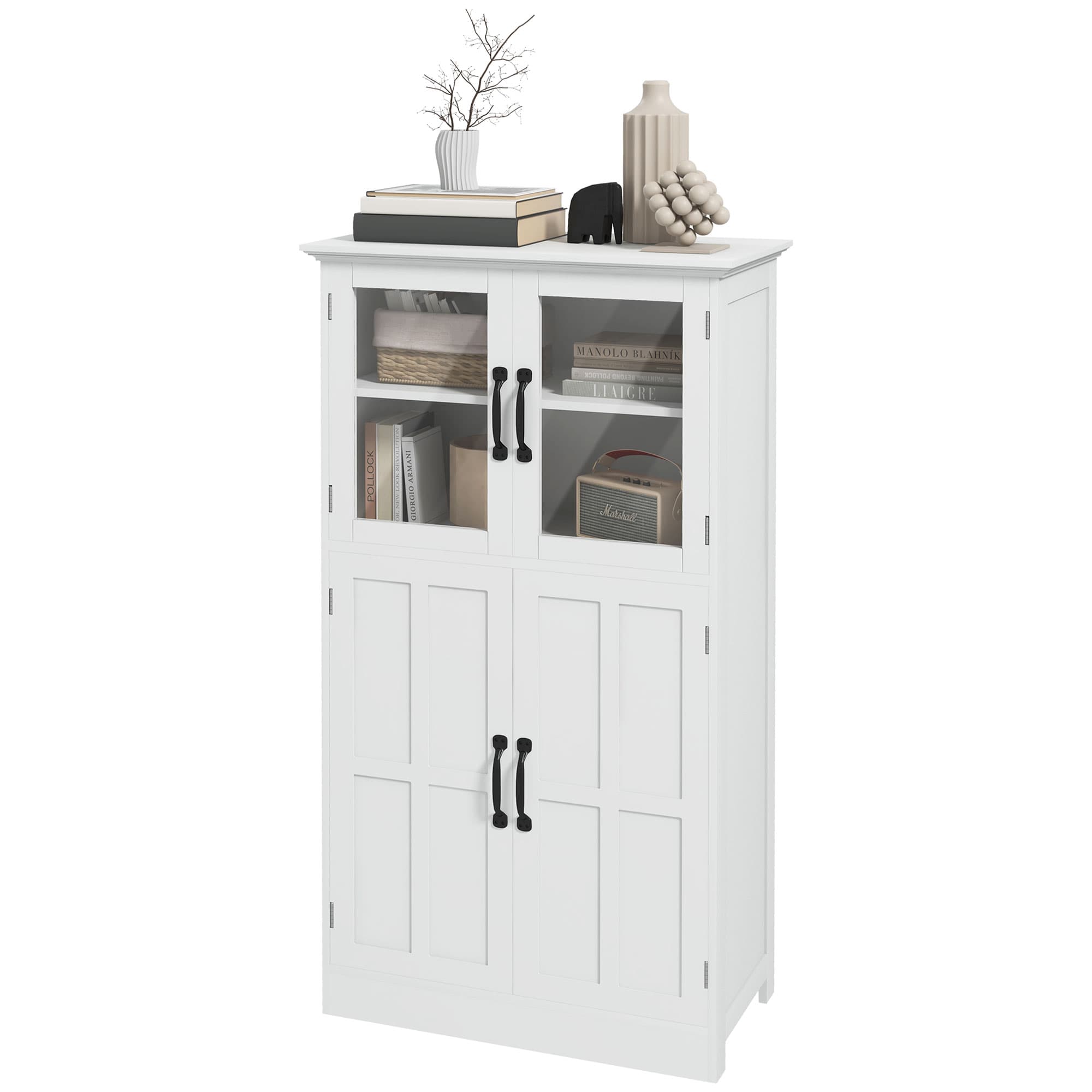 HOMCOM Buffet de cuisine armoire multi-rangements 2 placards, portes en verre, 4 étagères en bois blanc