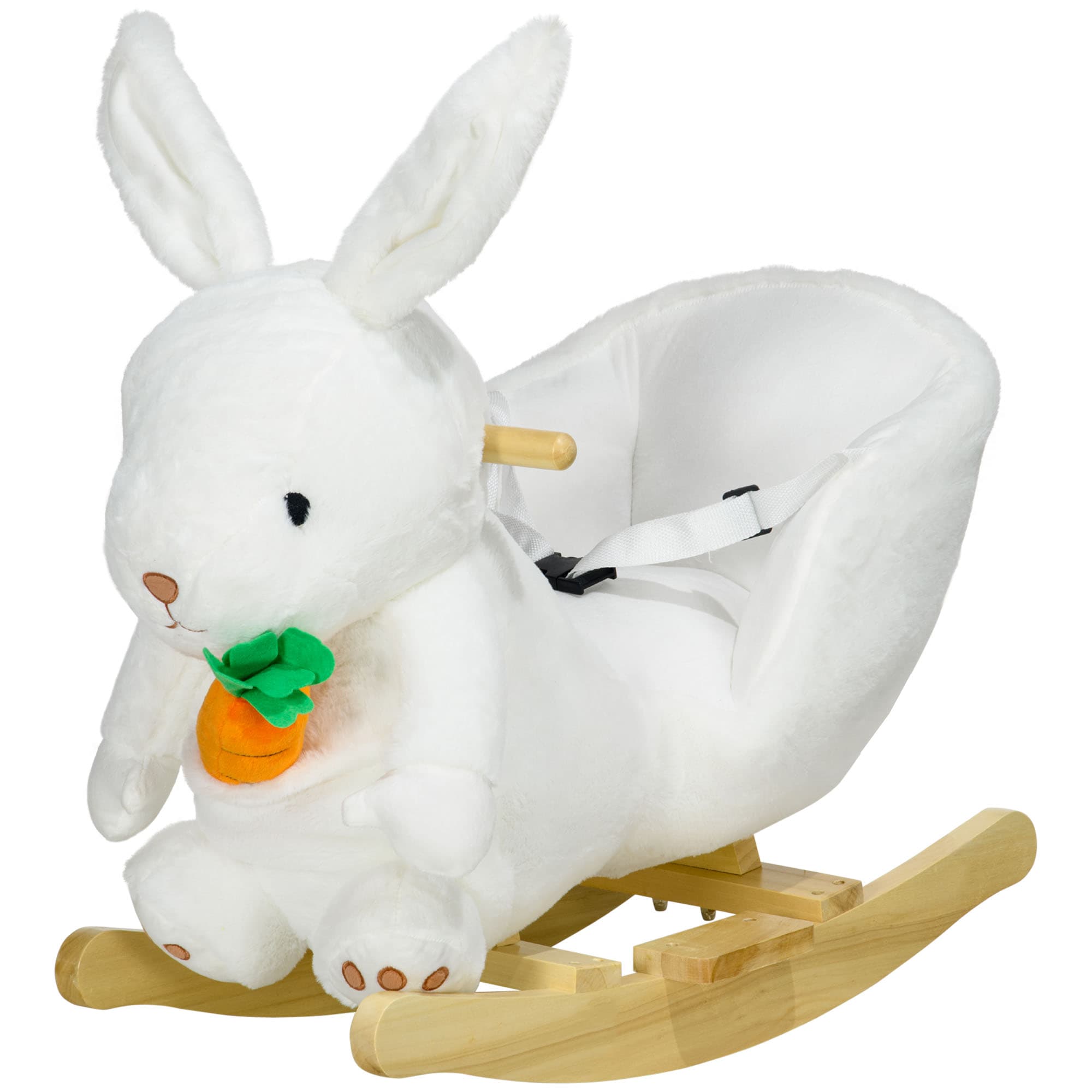 HOMCOM Jouet à bascule modèle lapin fonction musicale selle grand confort peluche courte douce bois peuplier 18-36 mois blanc