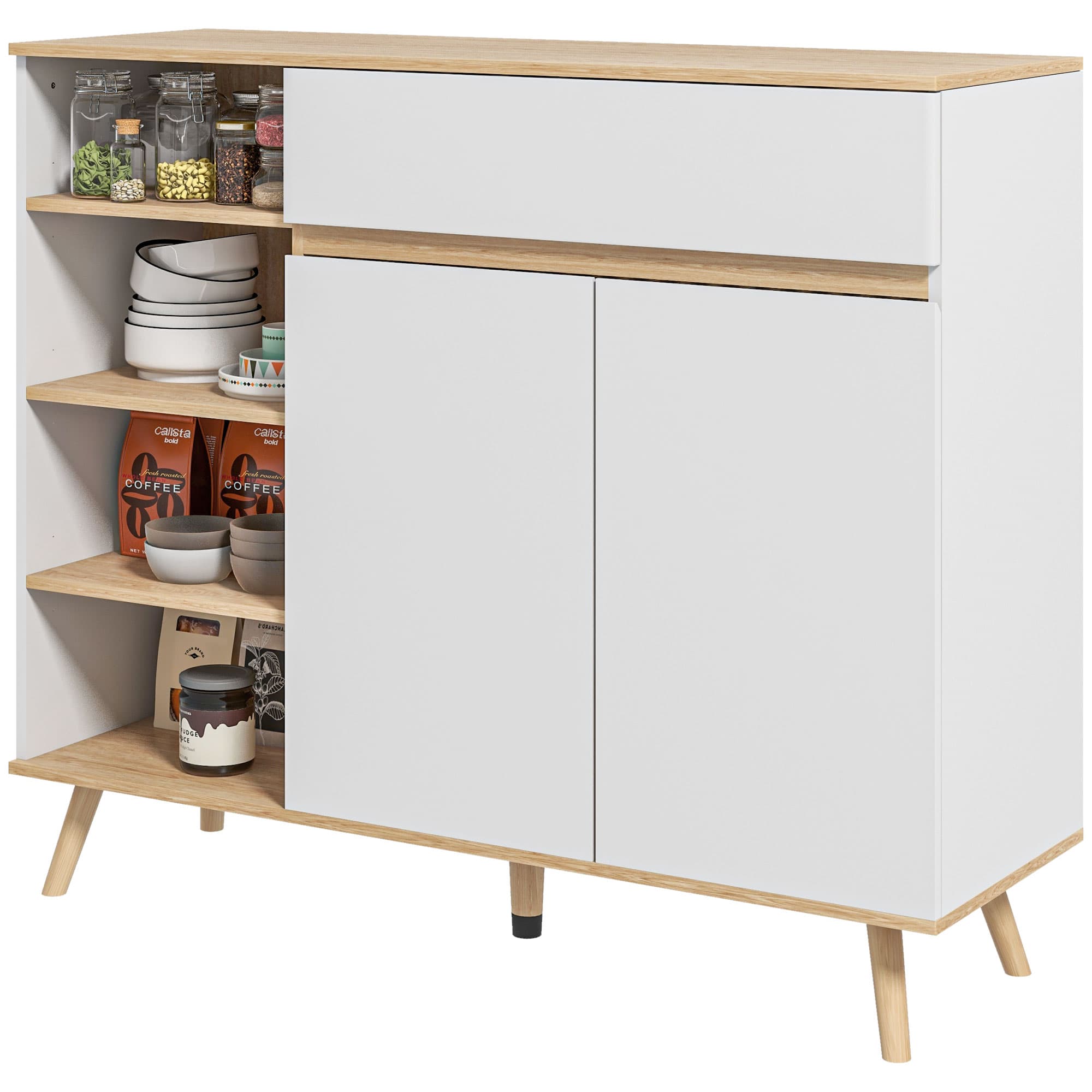 HOMCOM Buffet meuble de rangement cuisine style scandinave 1 placard double porte 1 tiroir et 4 niches étagères réglables blanc