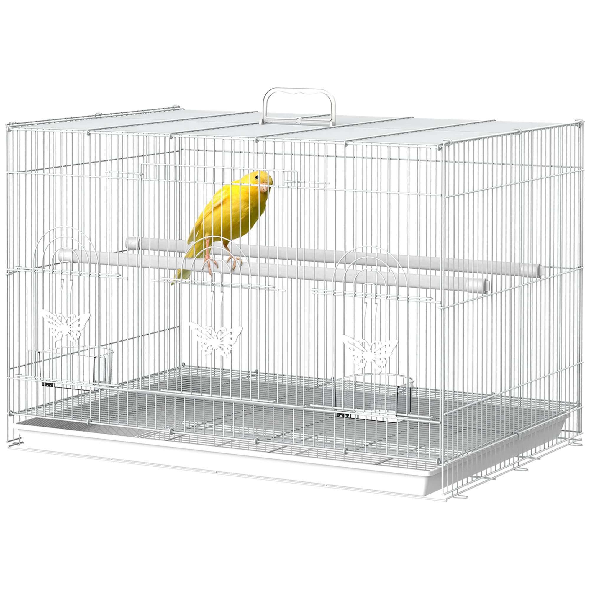 PawHut Cage à oiseaux motif papillons 3 portes/trappes verrouillables dont 2 coulissantes 60L x 41l x 41H cm blanc
