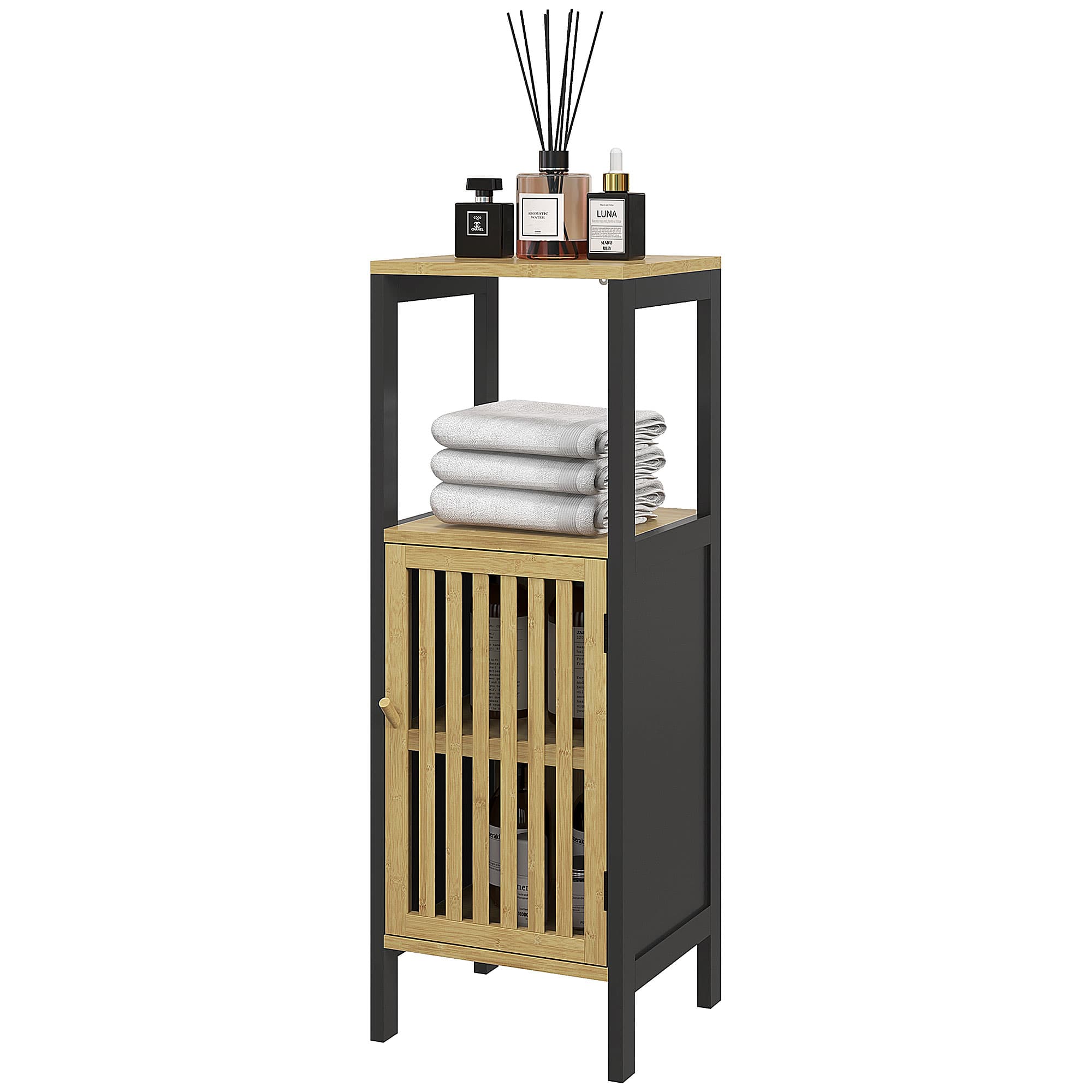 HOMCOM Meuble bas de salle de bain en bambou avec placard 1 porte niche ouverte 32 x 30 x 90,5 cm, noir et bois