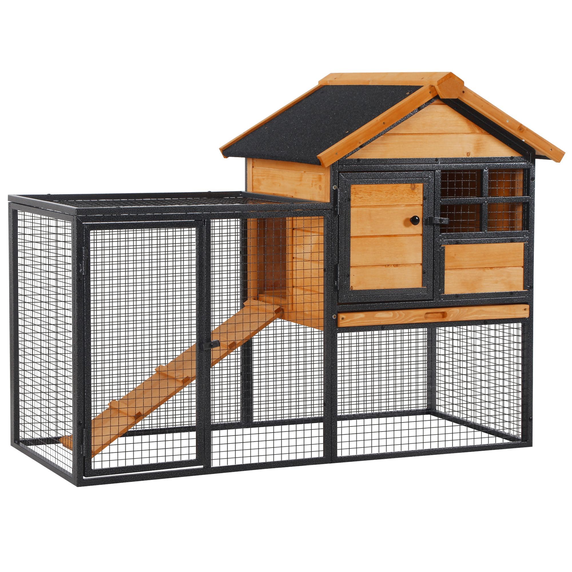 PawHut Clapier cage à lapins cottage Niche supérieure avec rampe et enclos extérieur, fenêtre, 2 portes verrouillables métal époxy sapin pré-huilé