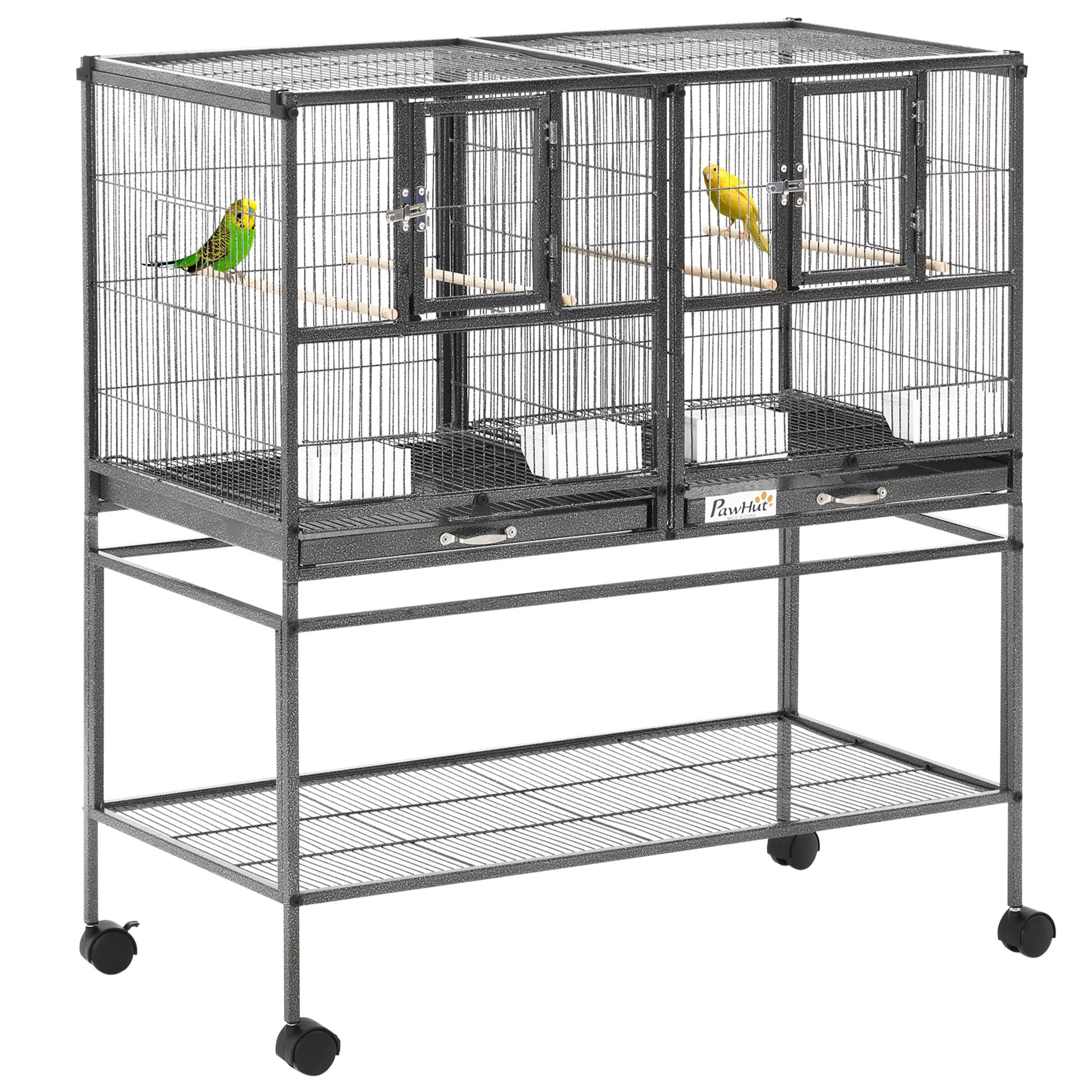 PawHut Grande Volière Cage à Oiseaux avec Séparation Mangeoire Perchoir 95 x 45 5 x 102 cm Noir et Gris