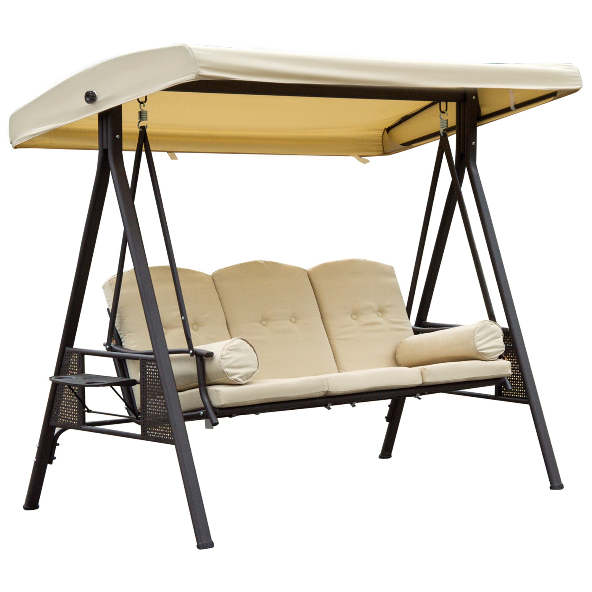 Outsunny Balancelle de Jardin 3 Places Style néo-rétro Toit Inclinaison réglable Coussins Plateaux rétractables Polyester filé Beige Aosom France