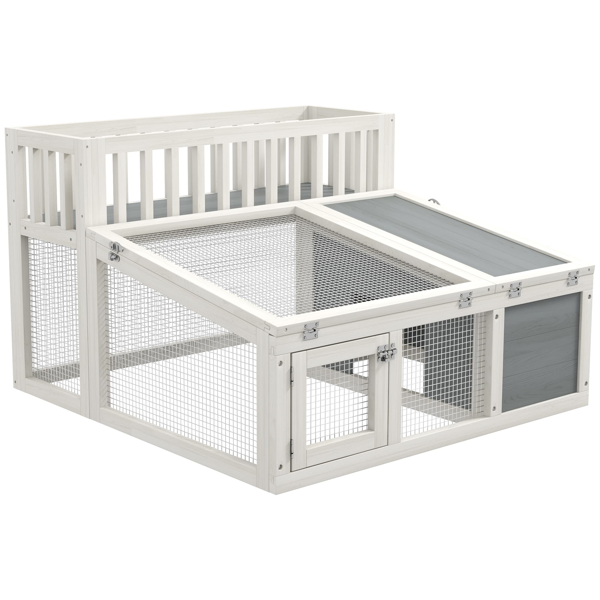 PawHut Clapier, cage à lapin en bois avec étagère pour plantes grand espace en bois, plusieurs portes Dim. 94L x 90l x 60H cm