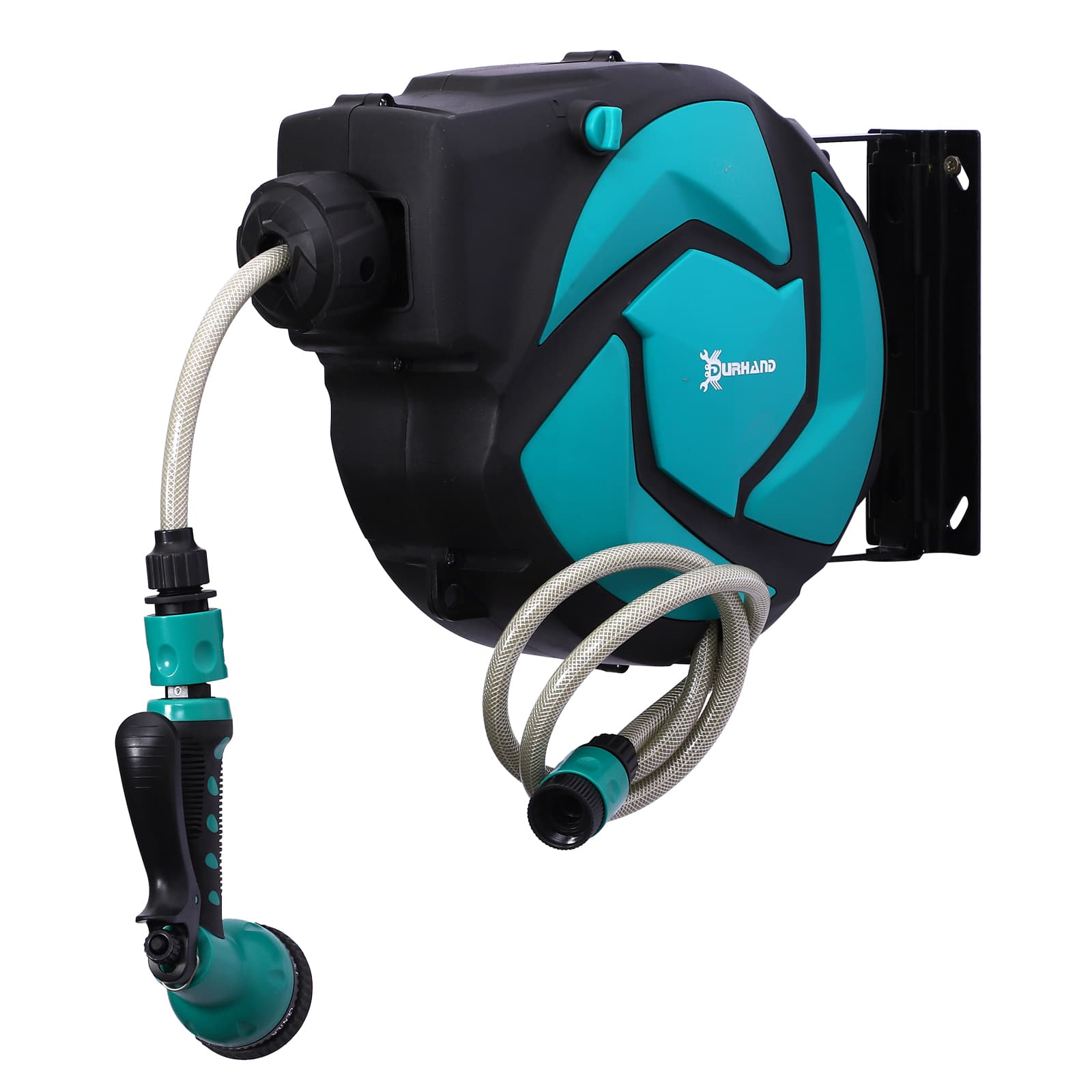 DURHAND Dévidoir Mural Enrouleur Automatique Pivotant 180° Tuyau 10 + 1 m avec Lance Arrosage Support Mural Intégré Turquoise Noir