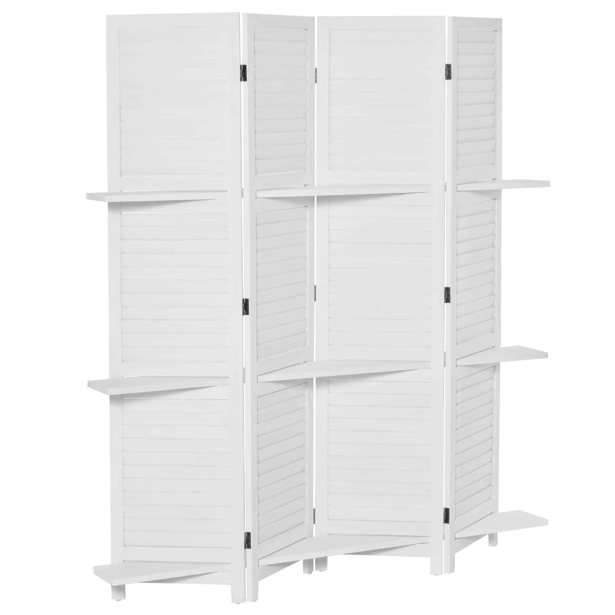 HOMCOM Paravent intérieur 4 Panneaux 3 étagères Pliables séparateur de pièce Portes persiennes Bois de Paulownia Blanc