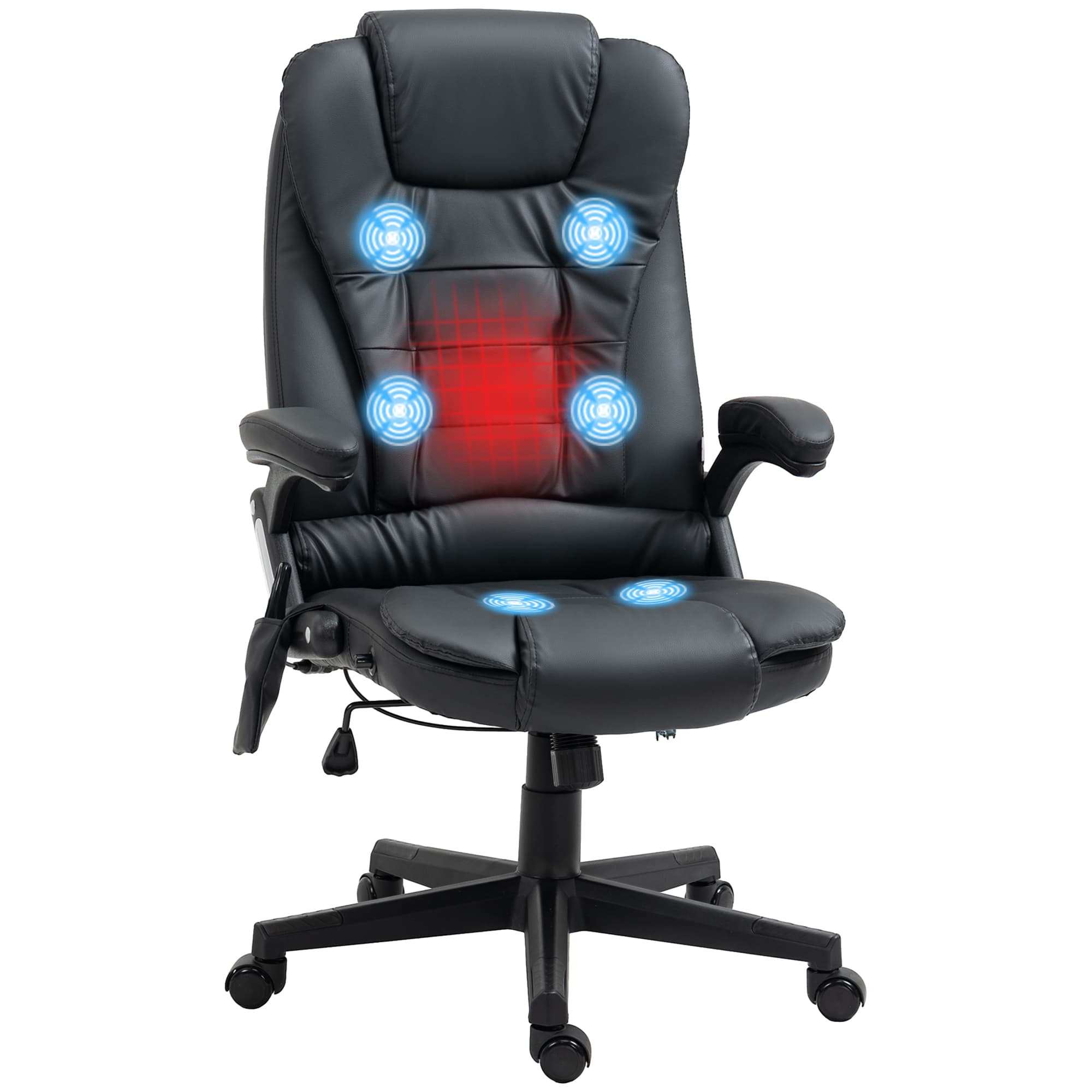 HOMCOM Fauteuil Bureau Ergonomique Pivotant Massant Chauffant Revêtement Synthétique Noir Aosom France