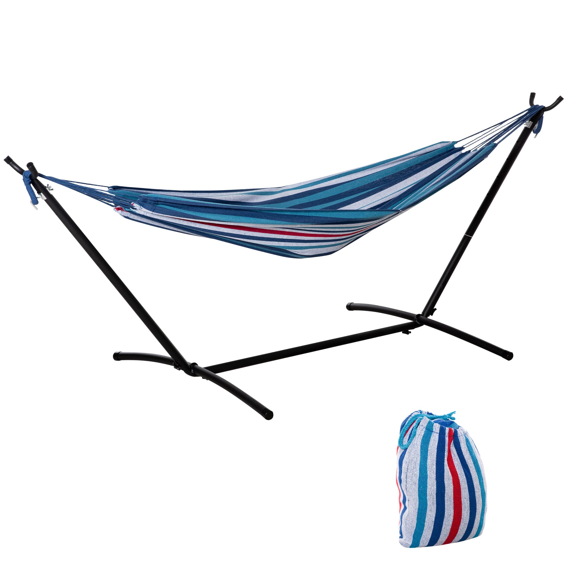 Outsunny Hamac de jardin avec support en métal époxy hamac sur pied 1 place charge max. 120 Kg sac transport bleu blanc