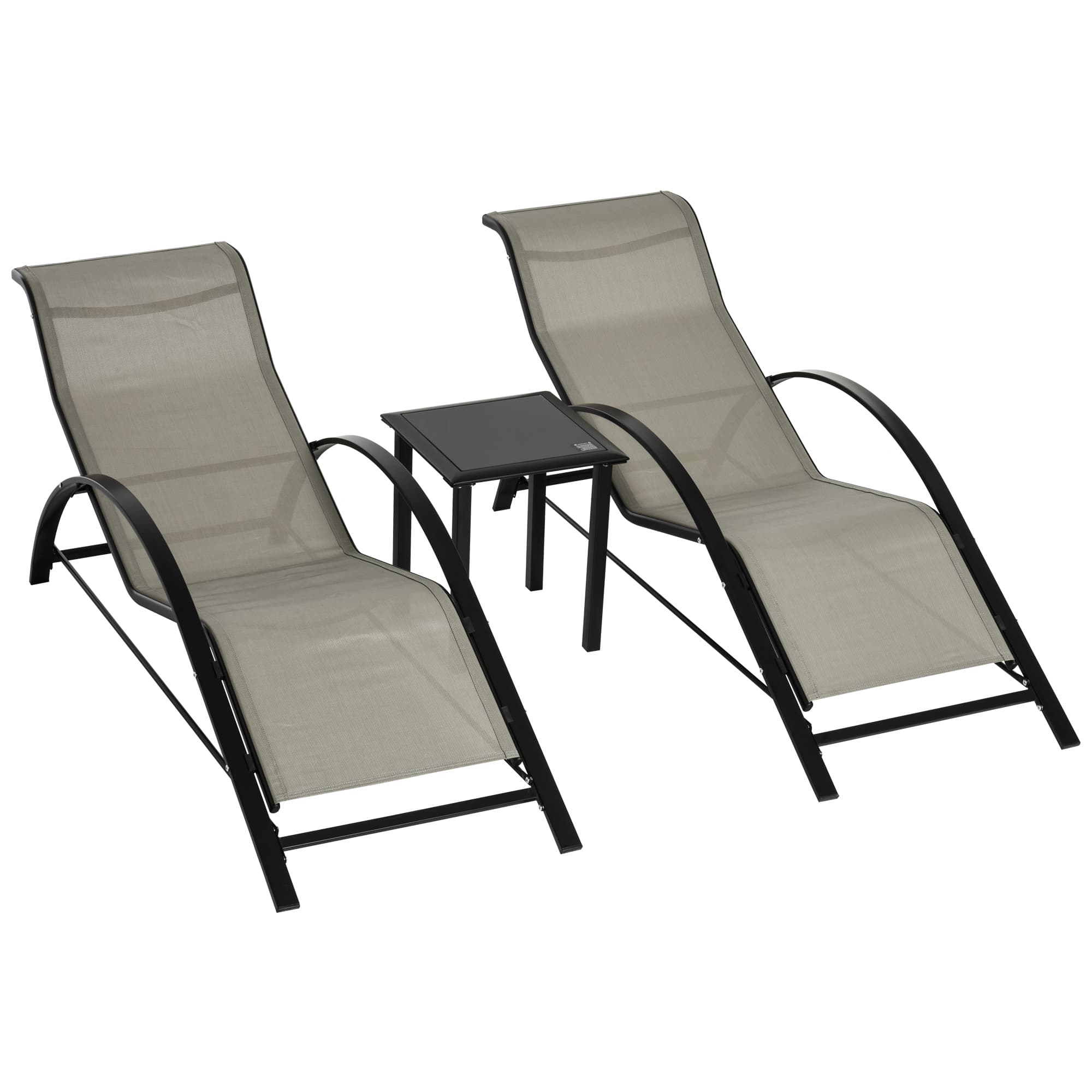 Outsunny Lot de 2 bains de soleil design contemporain table basse plateau verre trempé métal époxy textilène gris