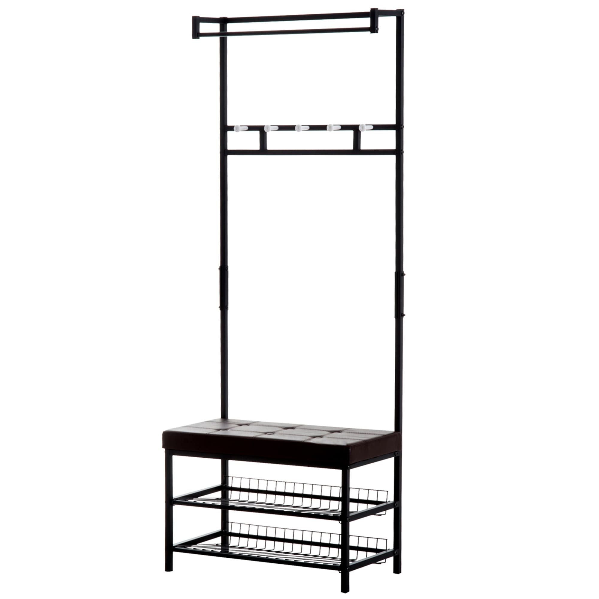 HOMCOM Porte-Manteau Vestiaire d'Entrée Banc Intégré 2 Étagères 5 Patères + Barre de Penderie Métal Noir Chocolat aosom france