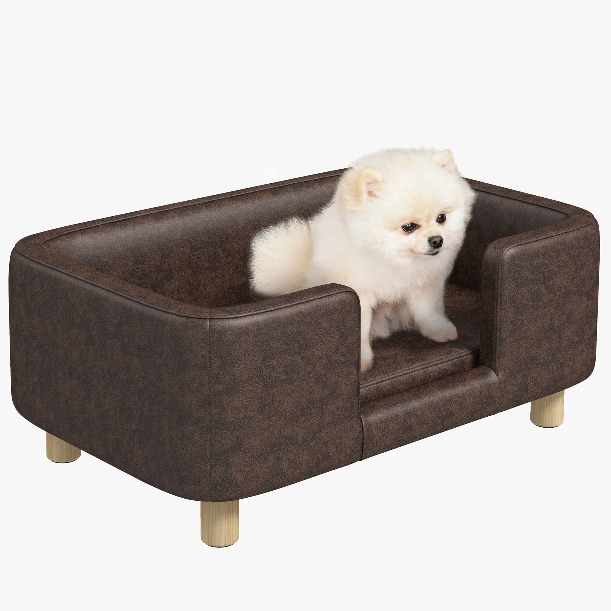 PawHut Canapé chien lit pour chien chat avec rebord coussin moelleux pieds bois massif dim. 74 x 48,5 x 31 cm revêtement micro-fibre chocolat