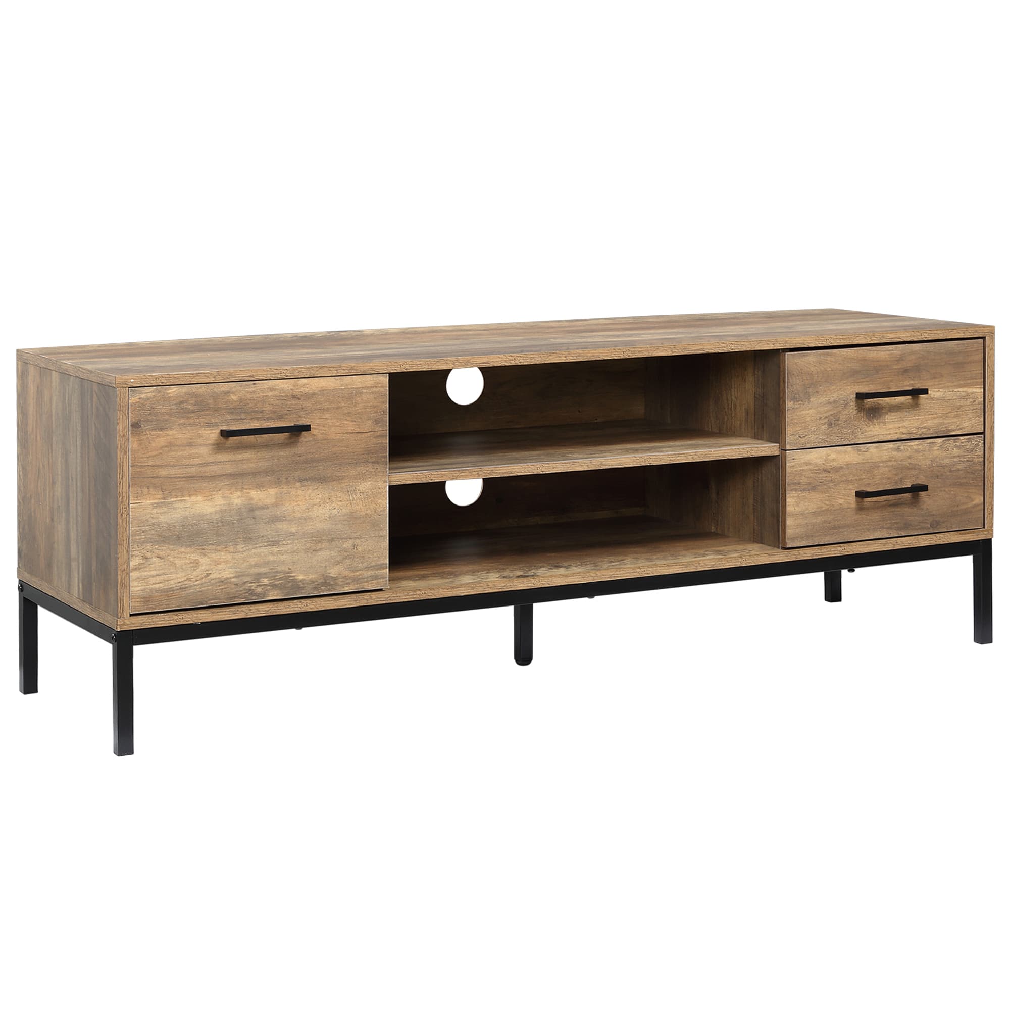 HOMCOM Meuble TV banc TV jusqu'à 50 pouces placard, 2 tiroirs et étagère - 2 passe-câbles - 132 x 39 x 45,5 cm marron noir