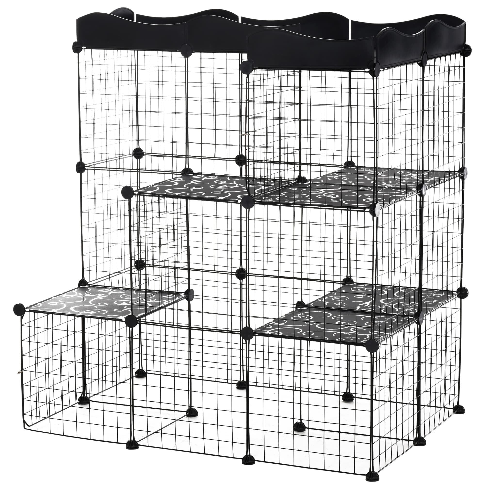 PawHut Cage parc enclos pour petits animaux chats visons modulable 3 niveaux 2 portes rampe fil métallique 105 x 70 x 105 cm noir