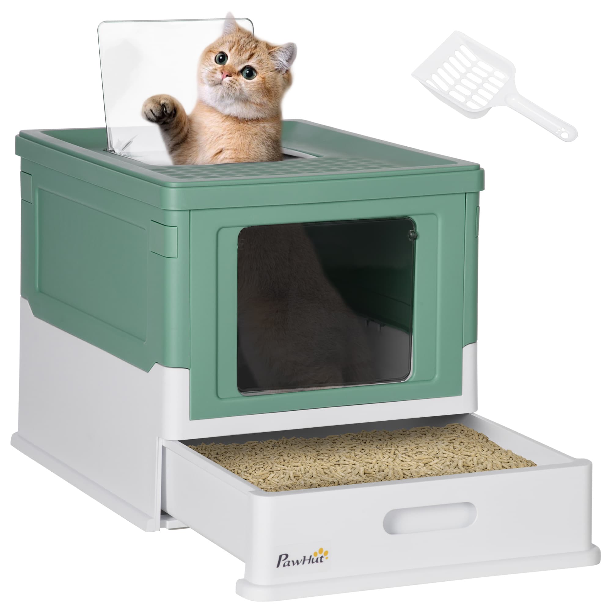 PawHut Maison de toilette pour chat pliable double porte battante et supérieure pelle fourni 47,5 x 35,5 x 36,7 cm vert