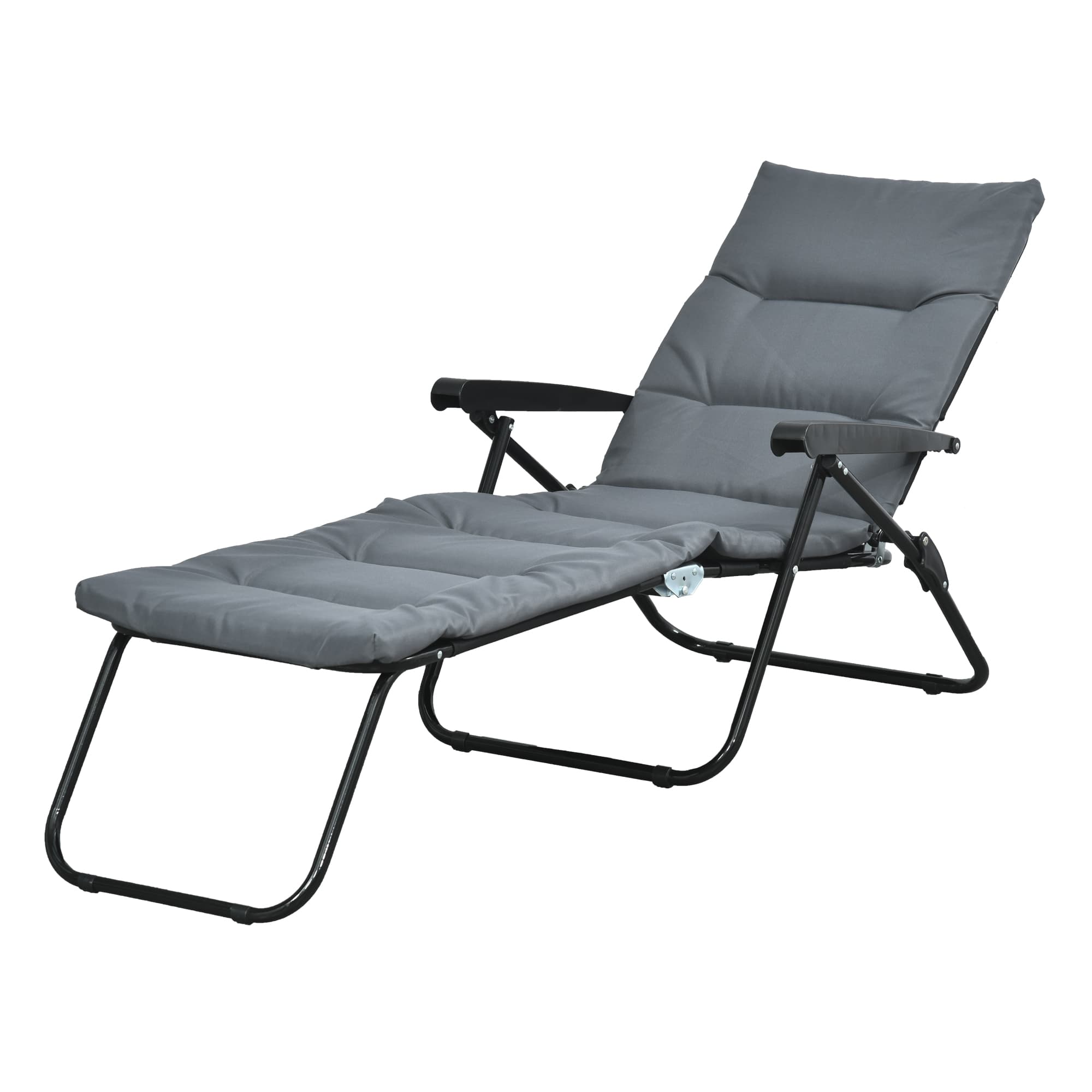 Outsunny Chaise longue pliable dossier inclinable multipositions grand confort avec accoudoirs matelas acier 153 x 58,5 x 89 cm gris