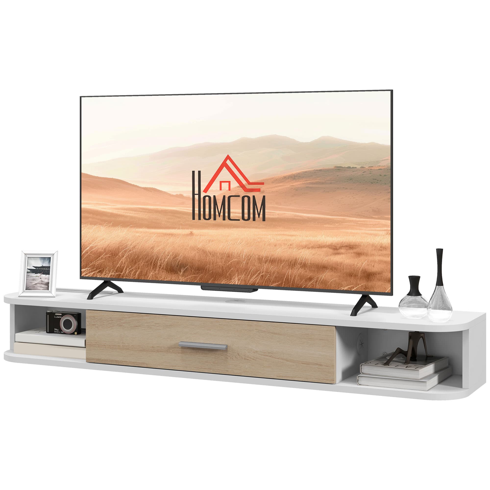 HOMCOM Meuble TV mural banc TV jusqu'à 50 pouces avec compartiments ouverts et armoire à porte rabattable blanc