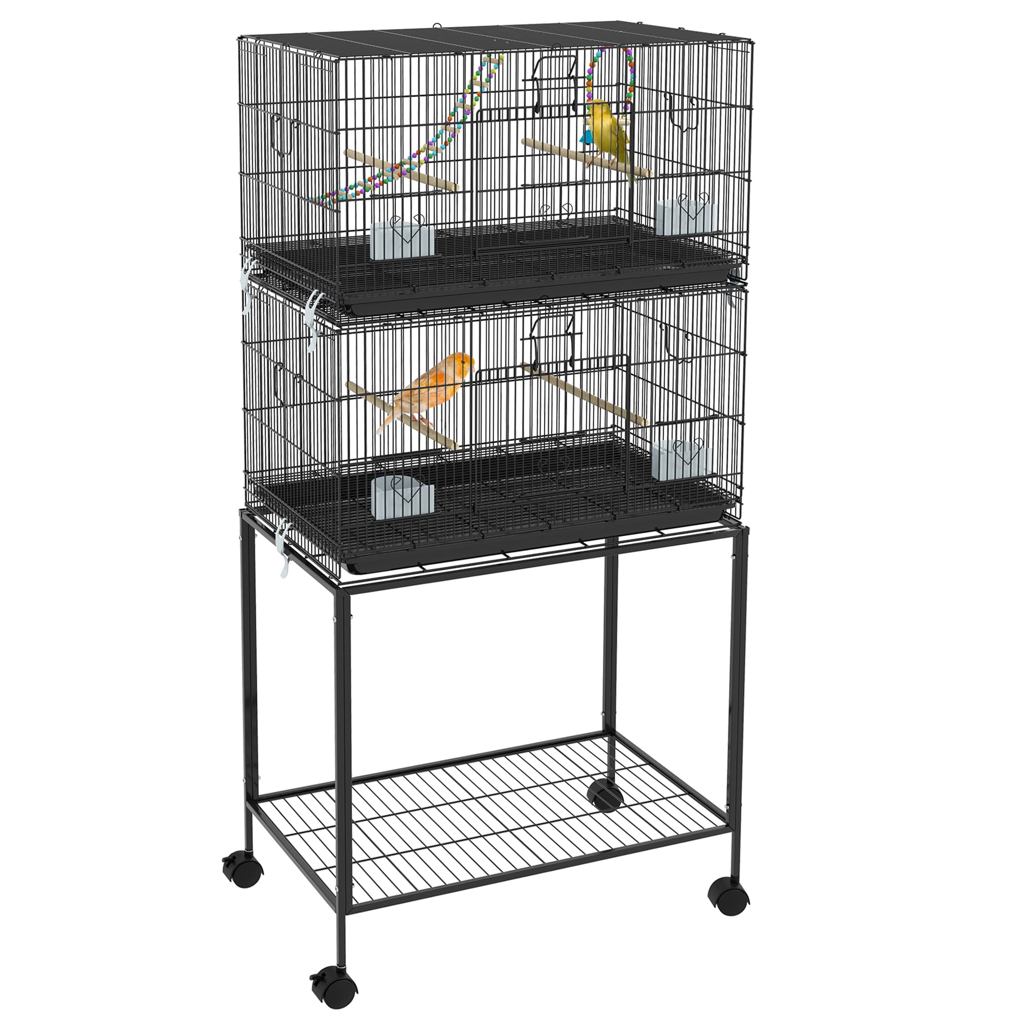 PawHut Cage à oiseaux sur pied volière double avec mangeoires perchoirs plateau amovible étagère poignée et roulettes noir
