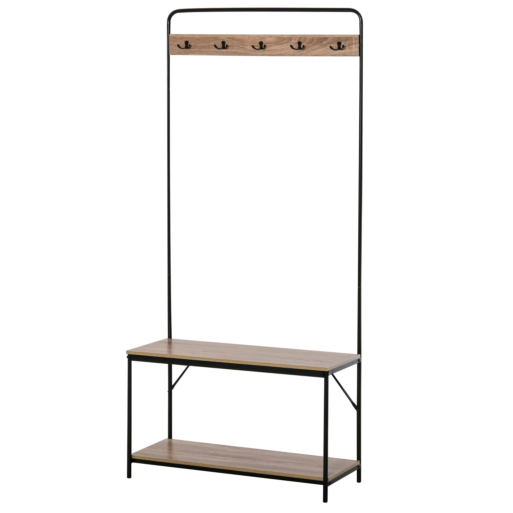 HOMCOM Vestiaire Entrée Banc Porte-Manteaux Étagère Chaussures Style Industriel Imitation Chêne Métal Noir Aosom France