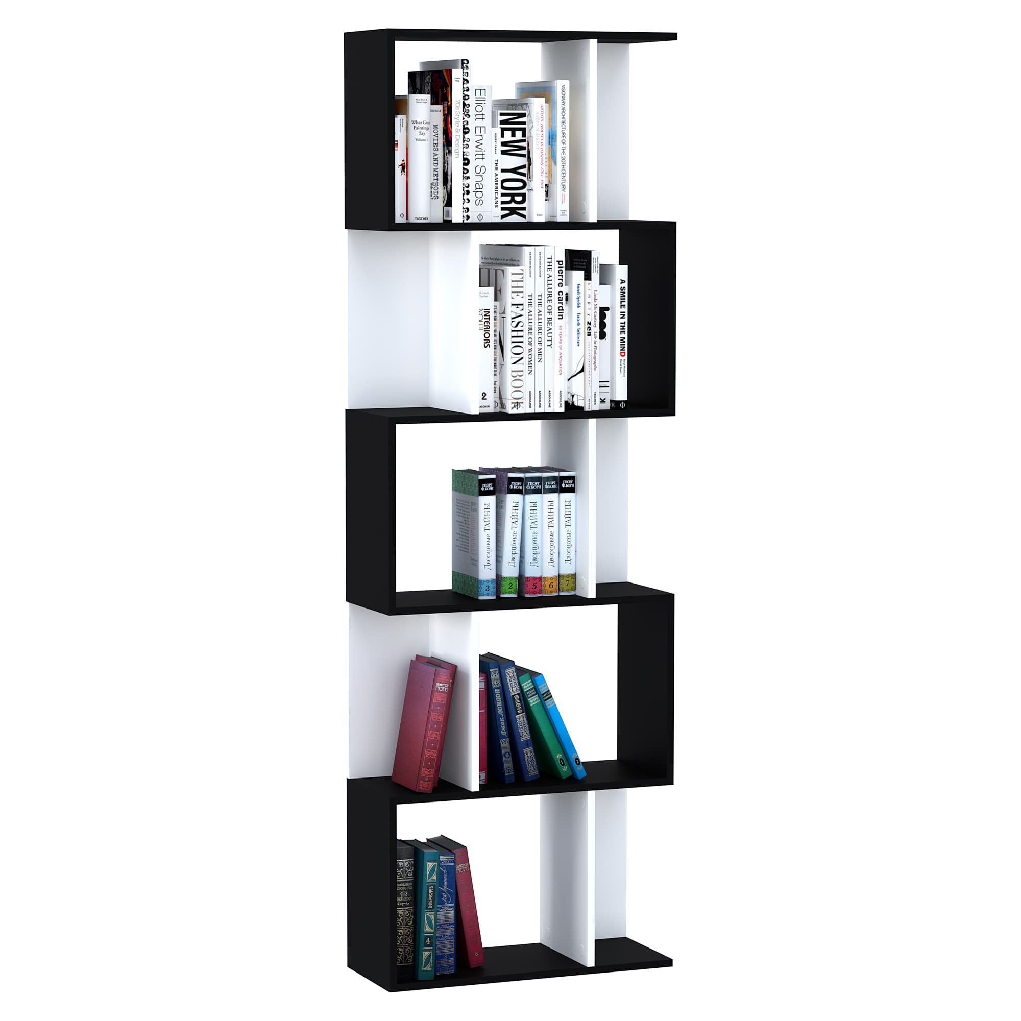 HOMCOM Bibliothèque Design Contemporain Noir et Blanc 5 Étagères Rangement en S Meuble Aosom France
