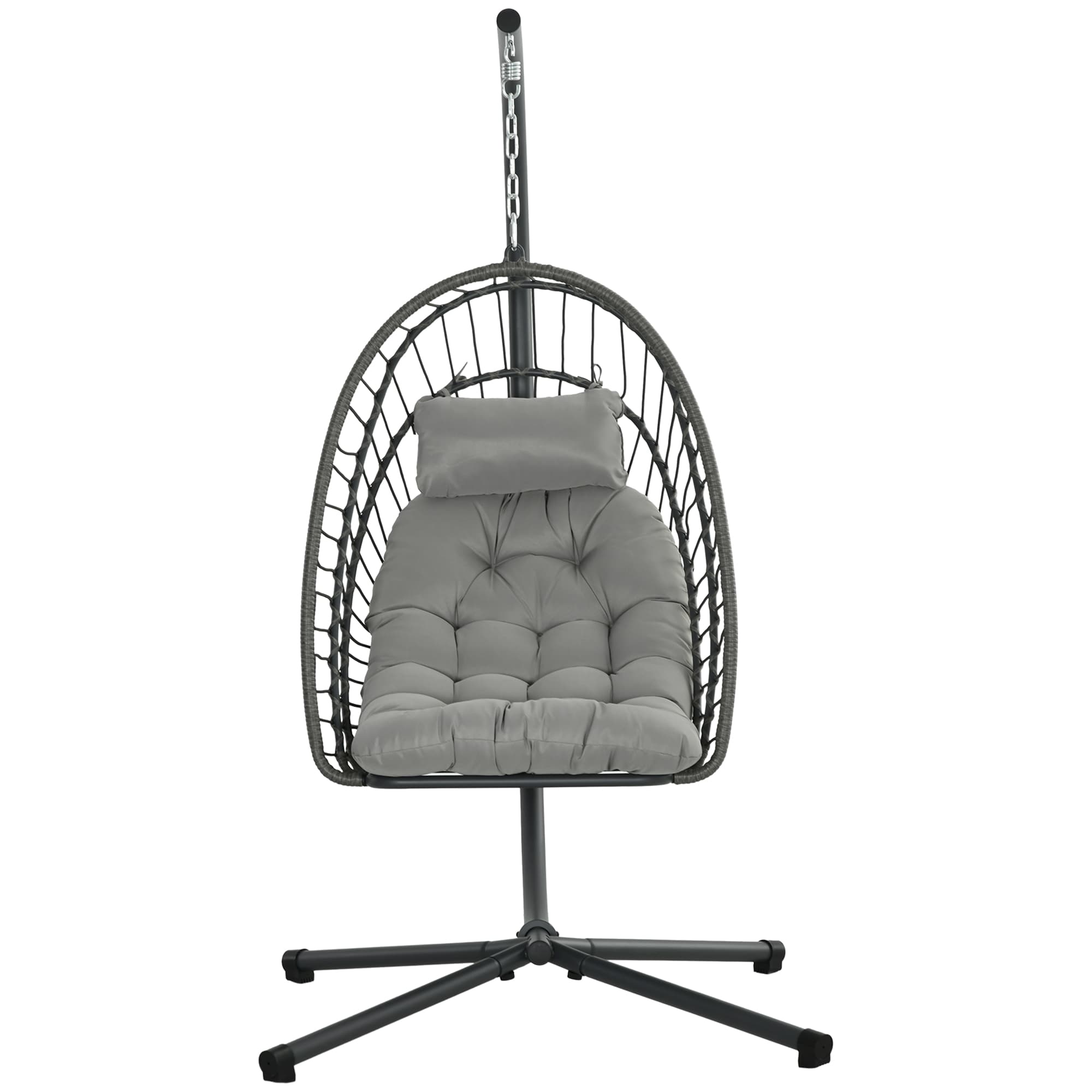 Outsunny Fauteuil suspendu de jardin chaise hamac résine tressée panier pliable avec matelas support en métal et appui-tête gris