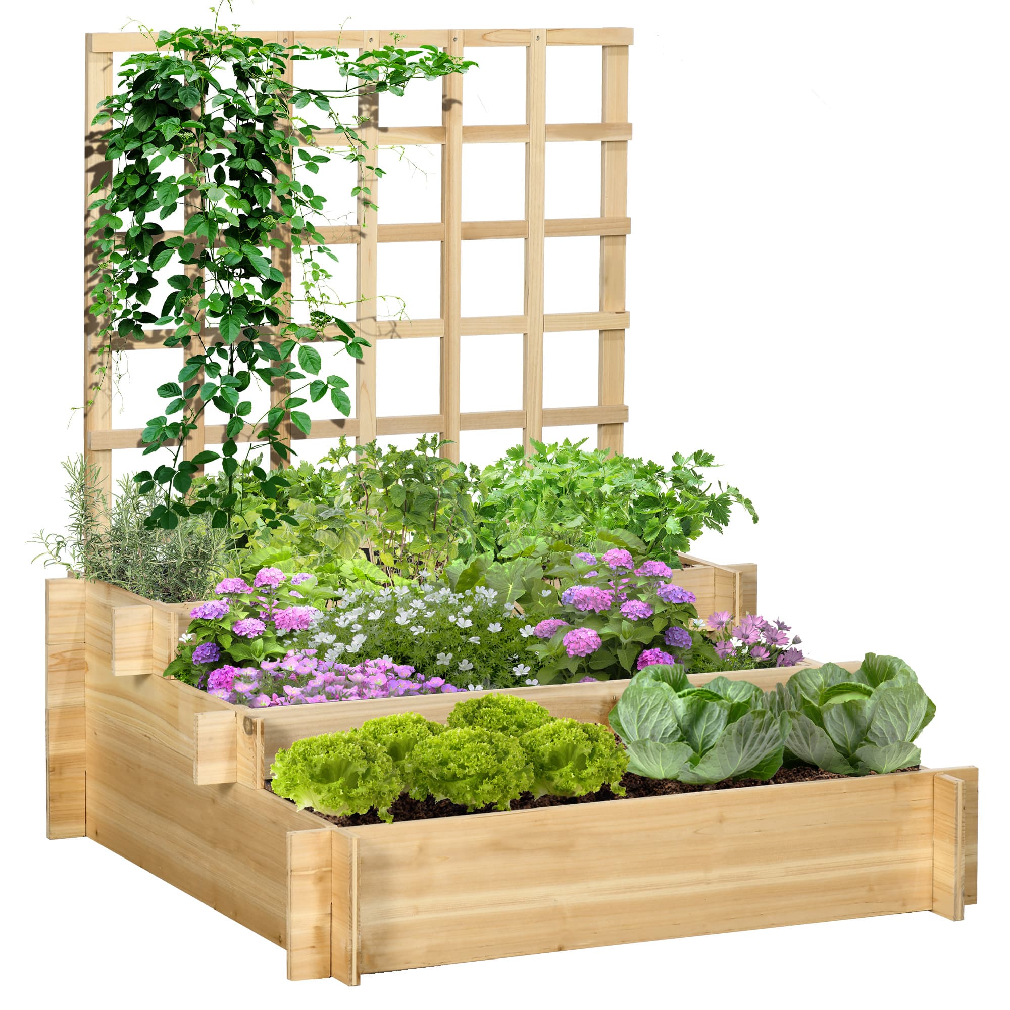 Outsunny Carré potager jardinière à 3 étages avec treillis lit surélevé en bois pour plantes grimpantes légumes fleurs naturel Aosom France