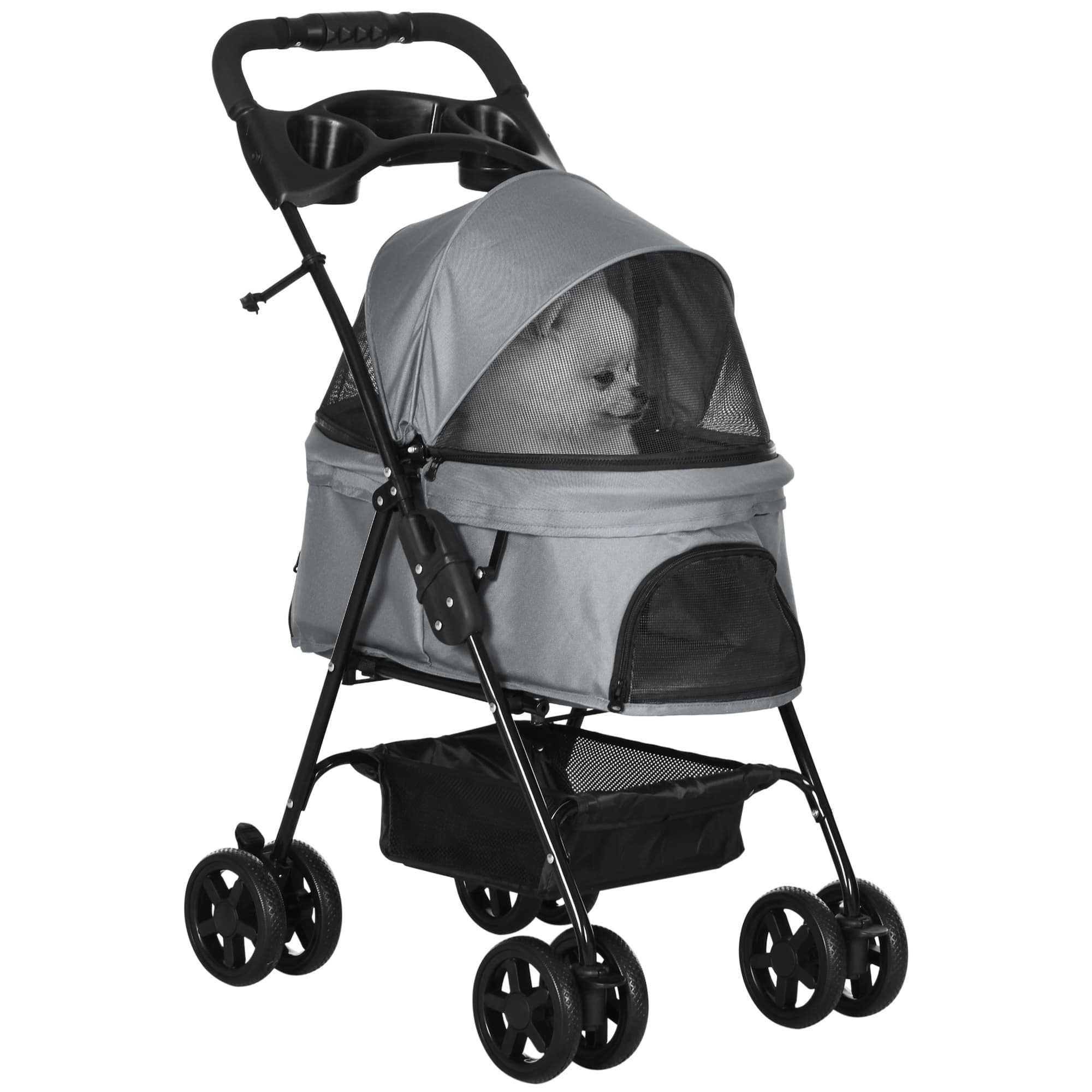 PawHut Poussette buggy chien chat chariot pliante panier rangement porte-gobelets tissu 300D Oxford imperméable 4 roues gris