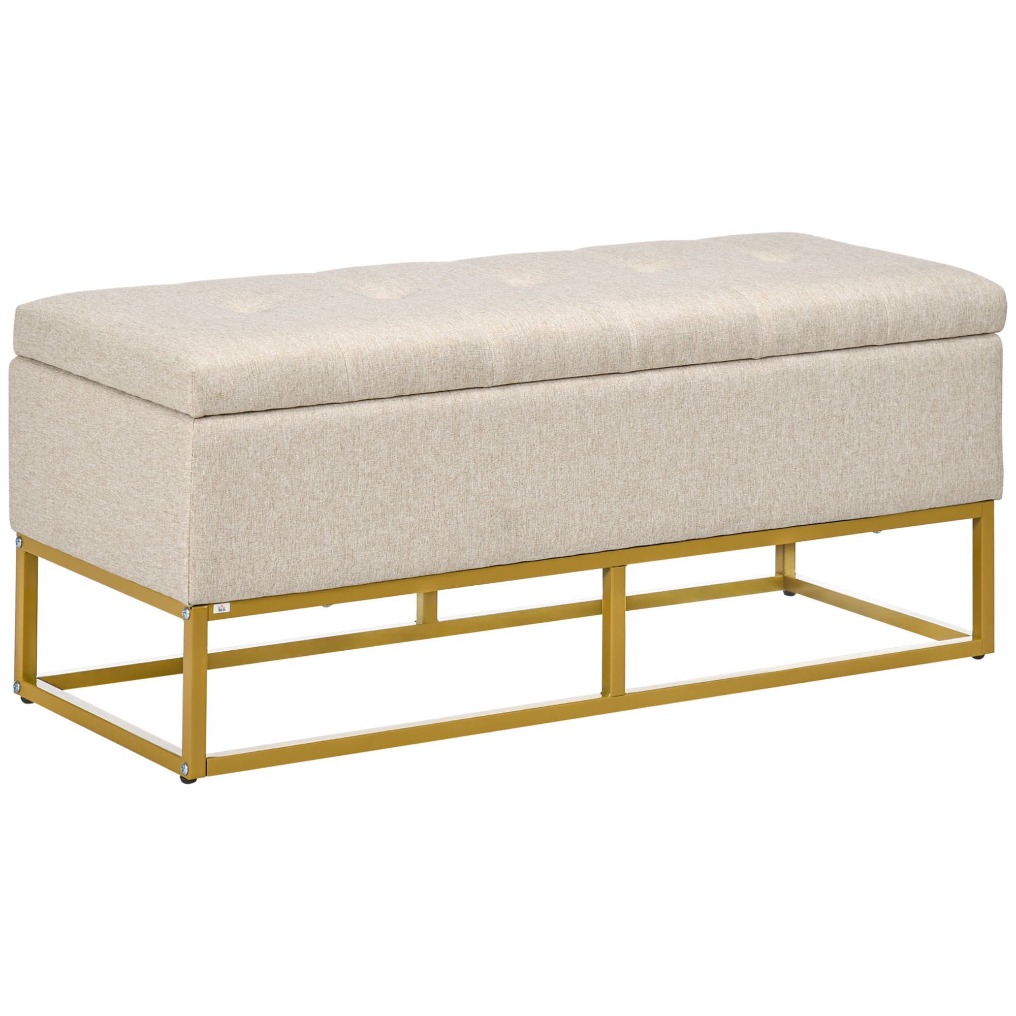 HOMCOM Banc banquette coffre de rangement 2 en 1 assise capitonnée et pieds acier 110 x 44 x 48 cm beige et doré