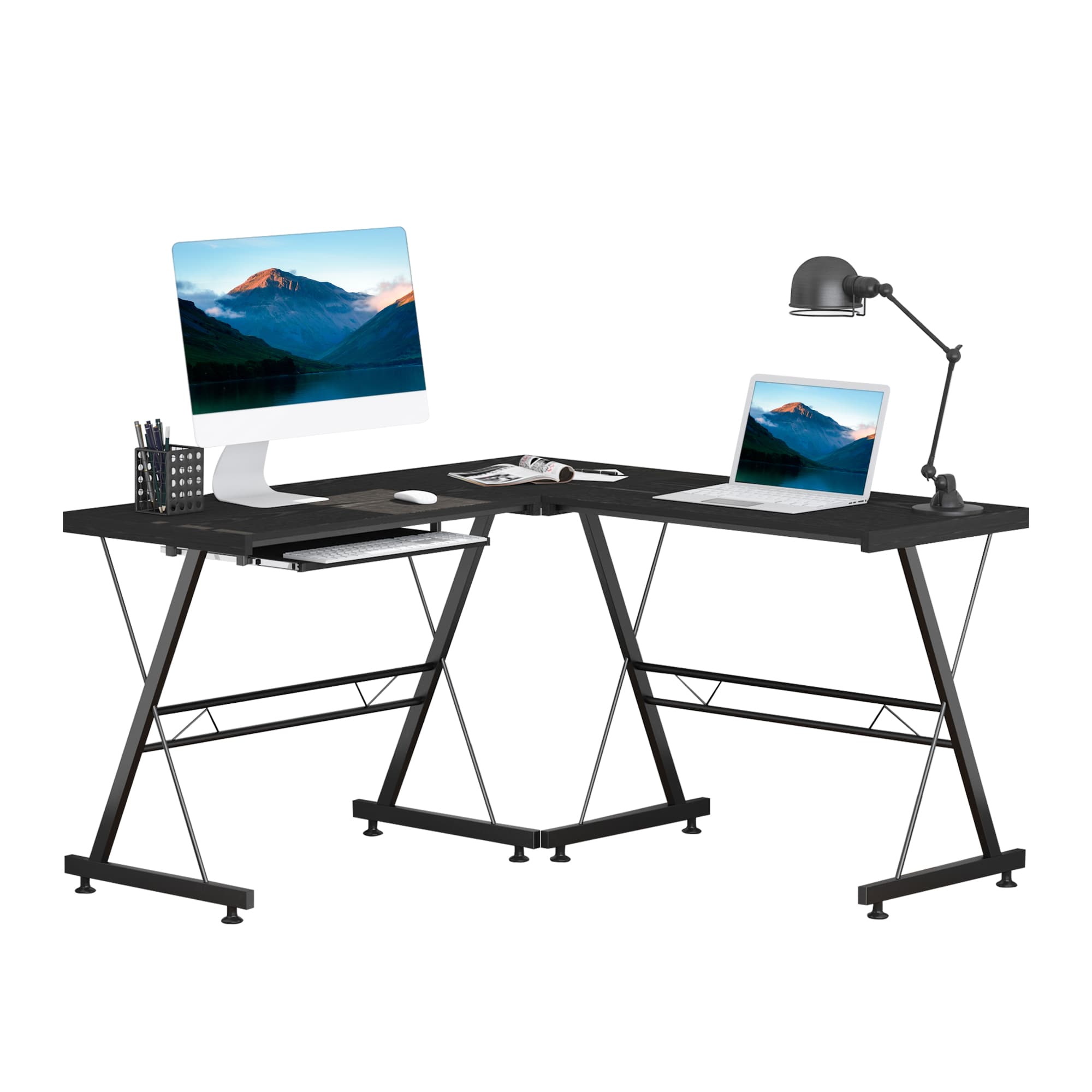 HOMCOM Bureau d'Angle Design Moderne Métal MDF Imitation Bois Noir pour Espace de Travail Aosom France