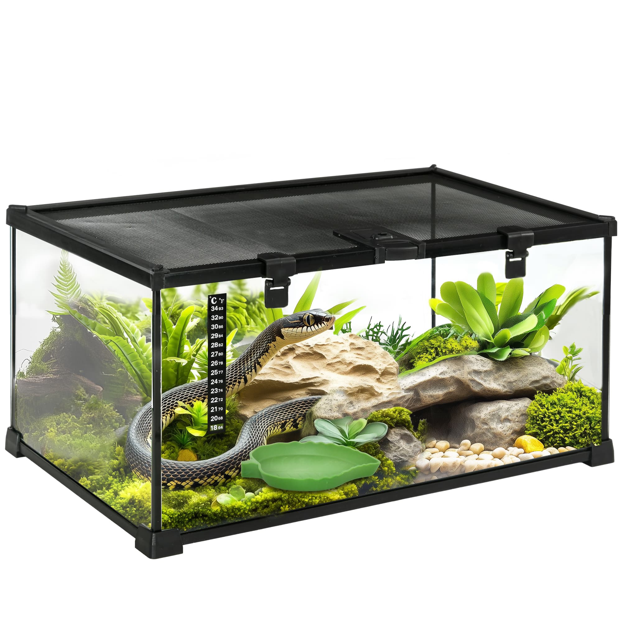 PawHut Boîte à reptiles couvercle coulissant treillis métallique distributeur d'eau thermomètre inclus verre métal 50 x 30 x 25 cm noir