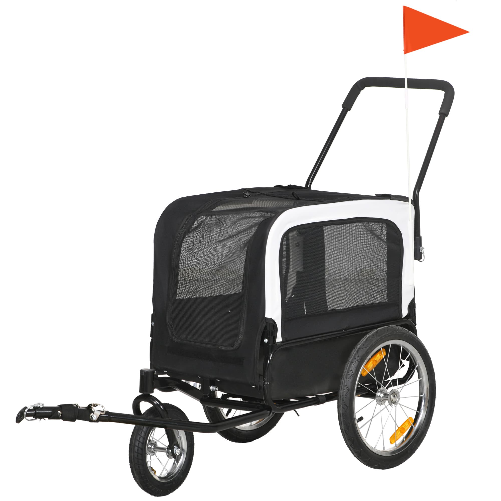 PawHut Remorque vélo jogger 2 en 1 pour animaux de compagnie drapeau roue avant pivotante réflecteurs noir