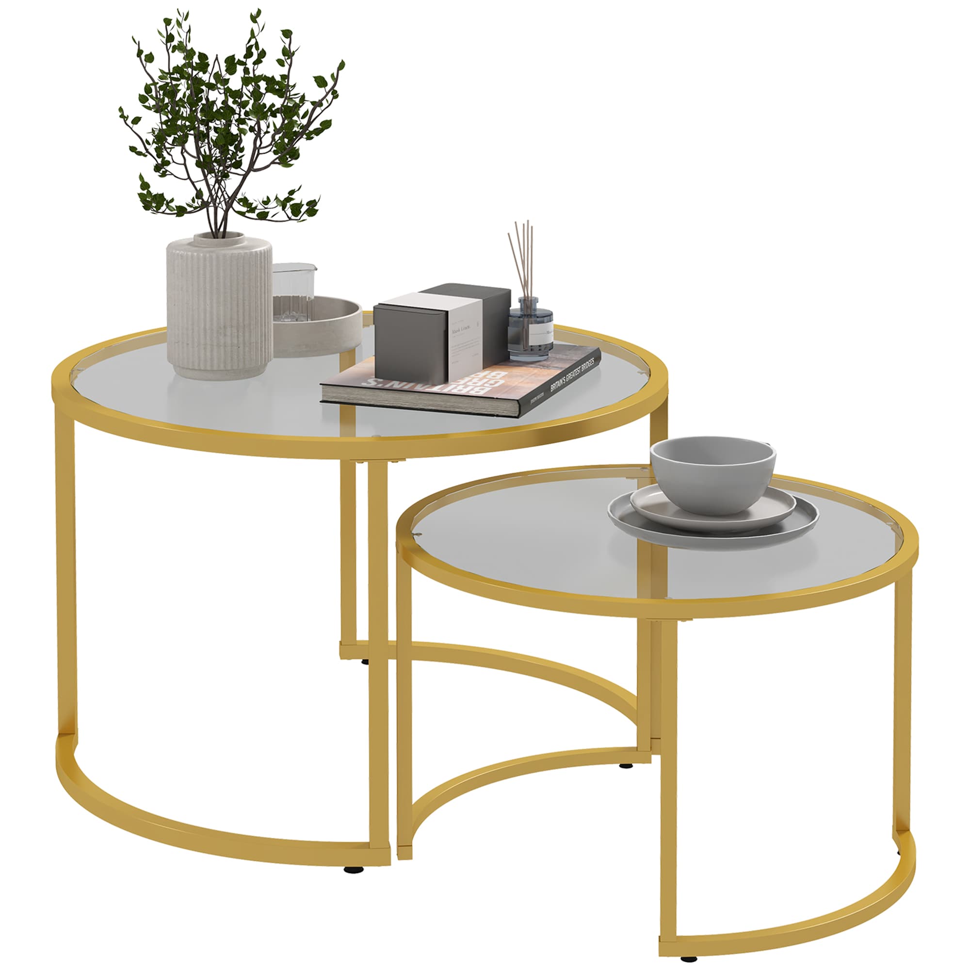 HOMCOM Lot de 2 tables basses gigognes rondes plateau verre trempé et pied en acier au carbone doré