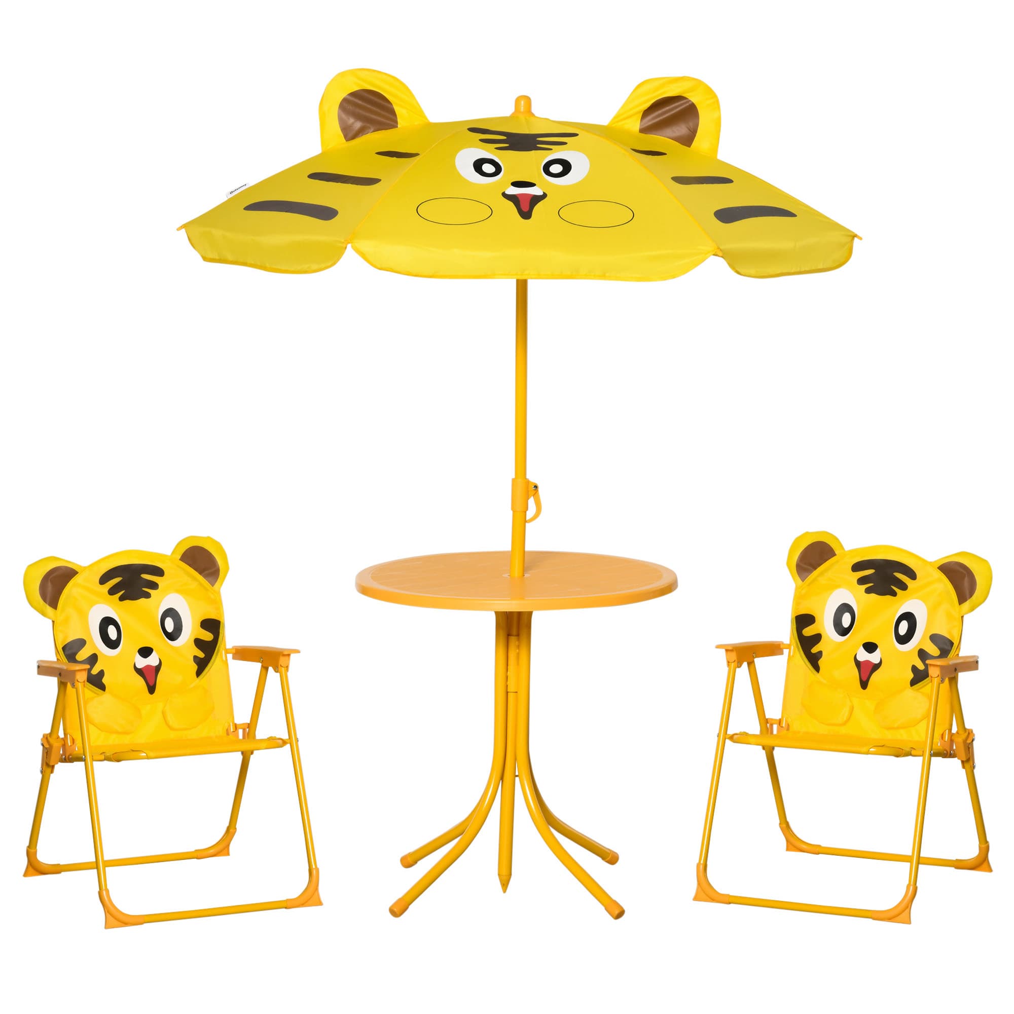 Outsunny Ensemble salon de jardin enfant 4 pcs design tigre - table ronde + 2 chaises pliables + parasol - métal époxy oxford jaune-AOSOM.fr