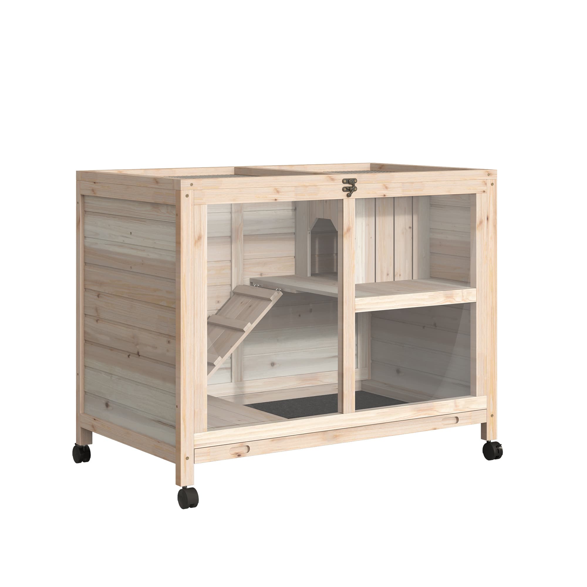 PawHut Cage à lapin clapier sur roulettes petit enclos aminaux en bois massif 2 étages toit ouvrant plates-formes 91,5 x 53,3 x 73 cm bois naturel