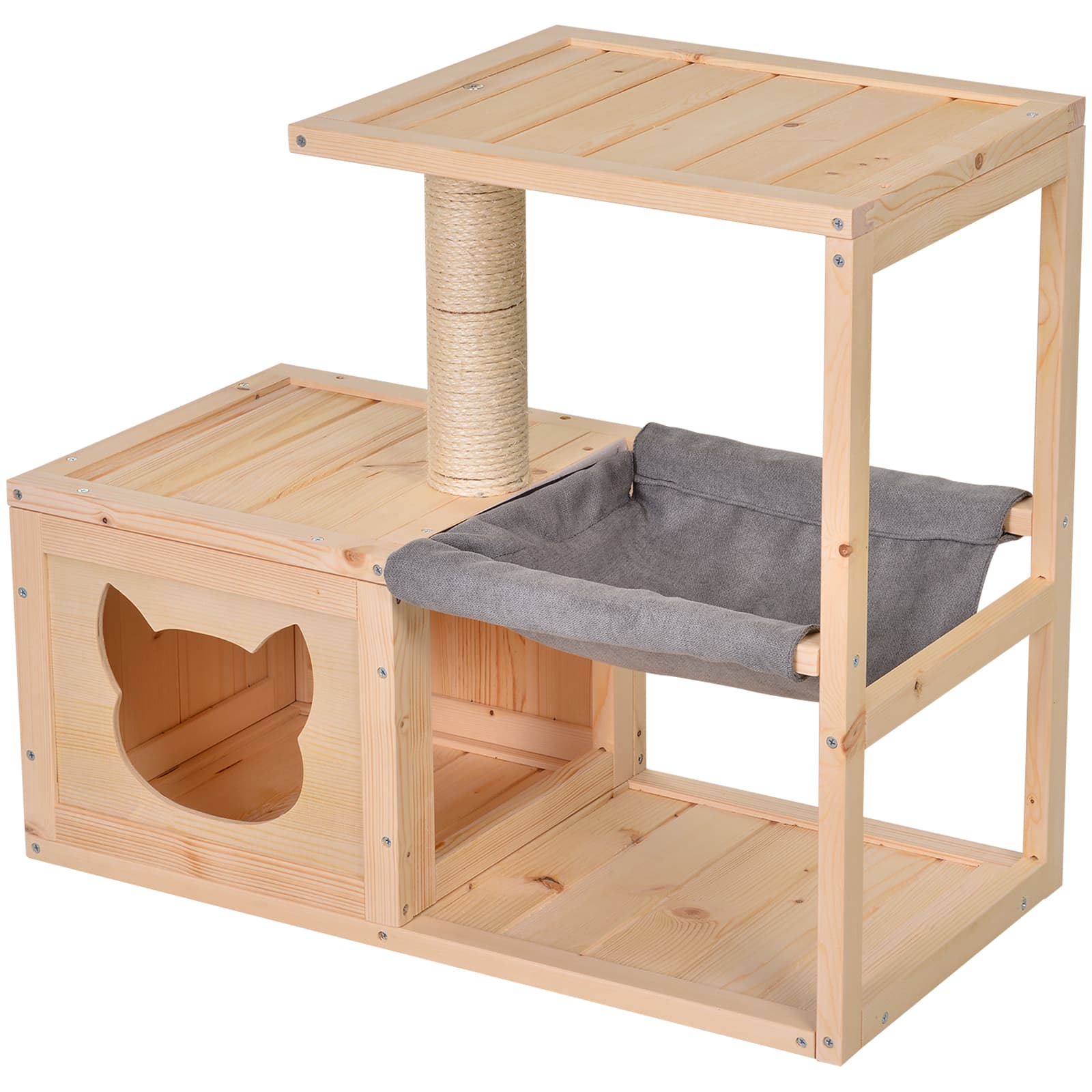 PawHut Maison pour Chat Centre d'Activités Hamac Plates-Formes Poteau en Sisal Naturel Bois de Sapin 70 x 35 x 60 cm aosom france