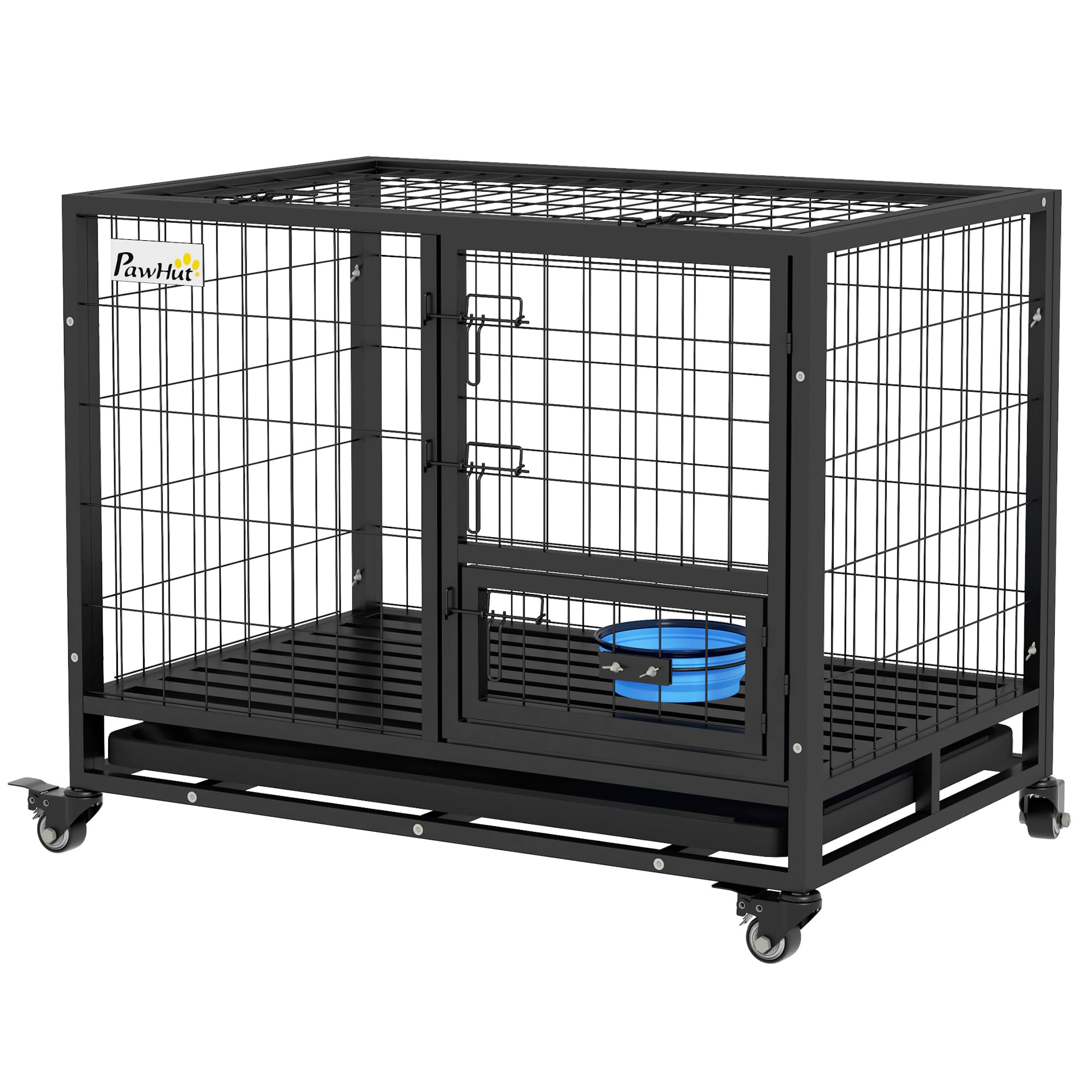 PawHut Cage pour chien cage de transport sur roulettes avec support de gamelle plateau amovible 2 portes verrouillables