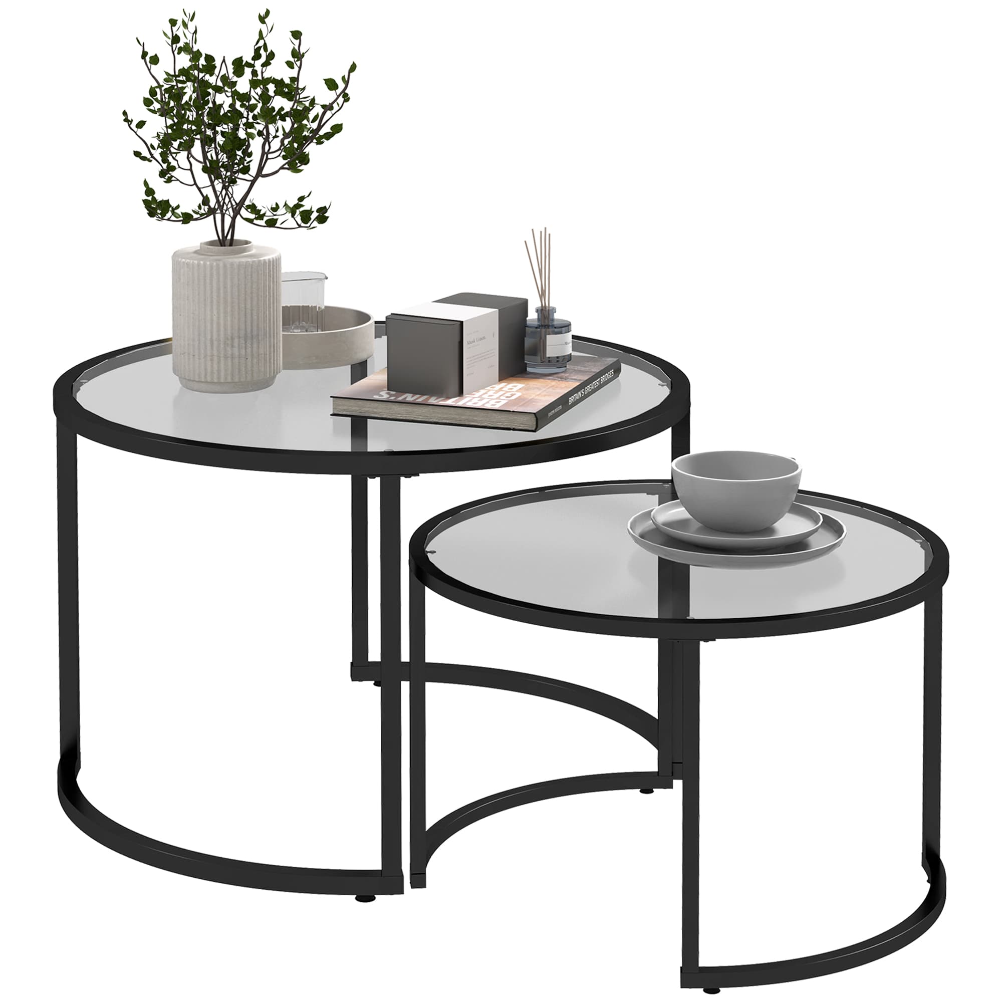 HOMCOM Lot de 2 tables basses gigognes rondes plateau verre trempé et pied en acier au carbone noir