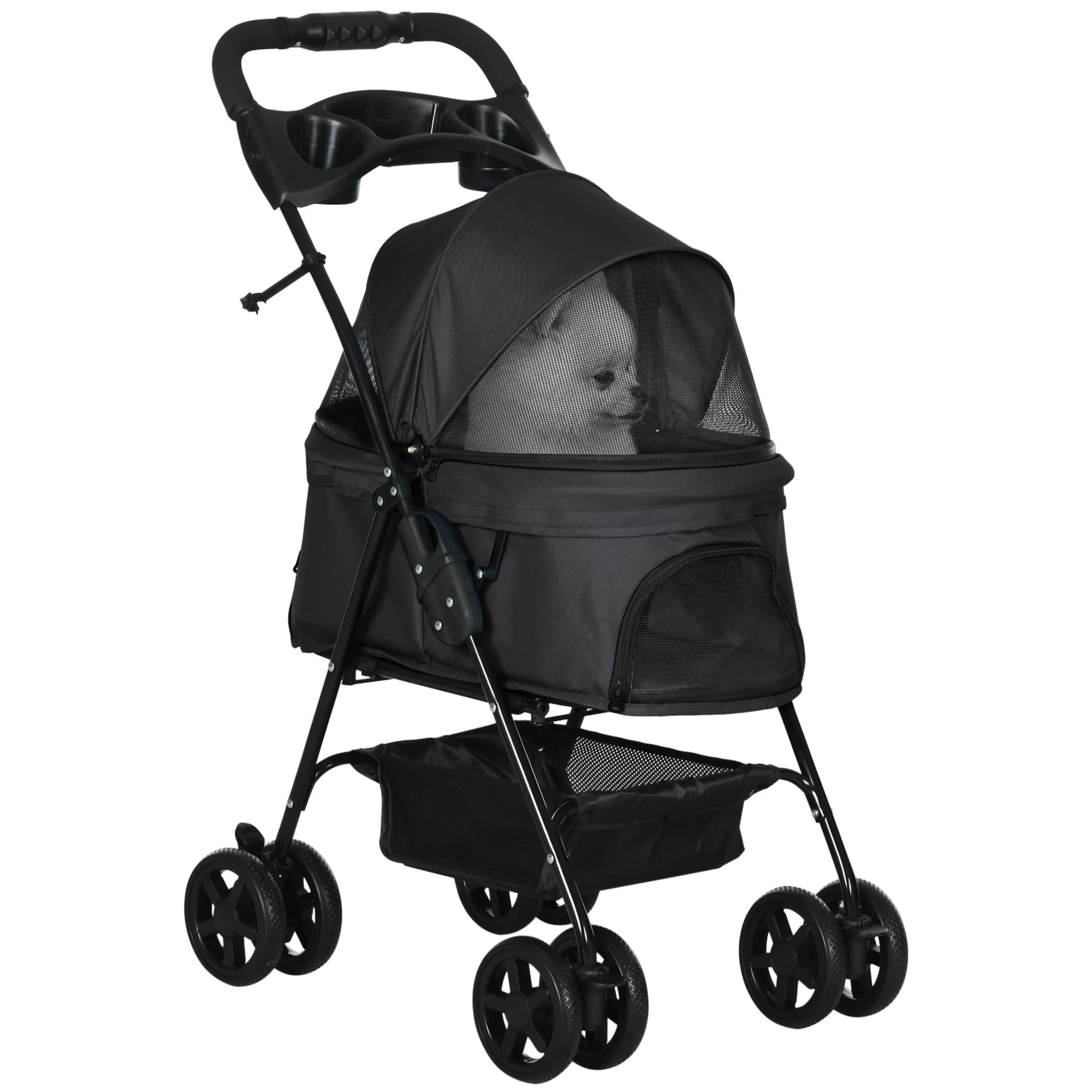 PawHut Poussette pour animaux de compagnie portable pliable avec 4 roues en EVA avec freins pliage à une étape panier de rangement 67 x 45 x 96 cm